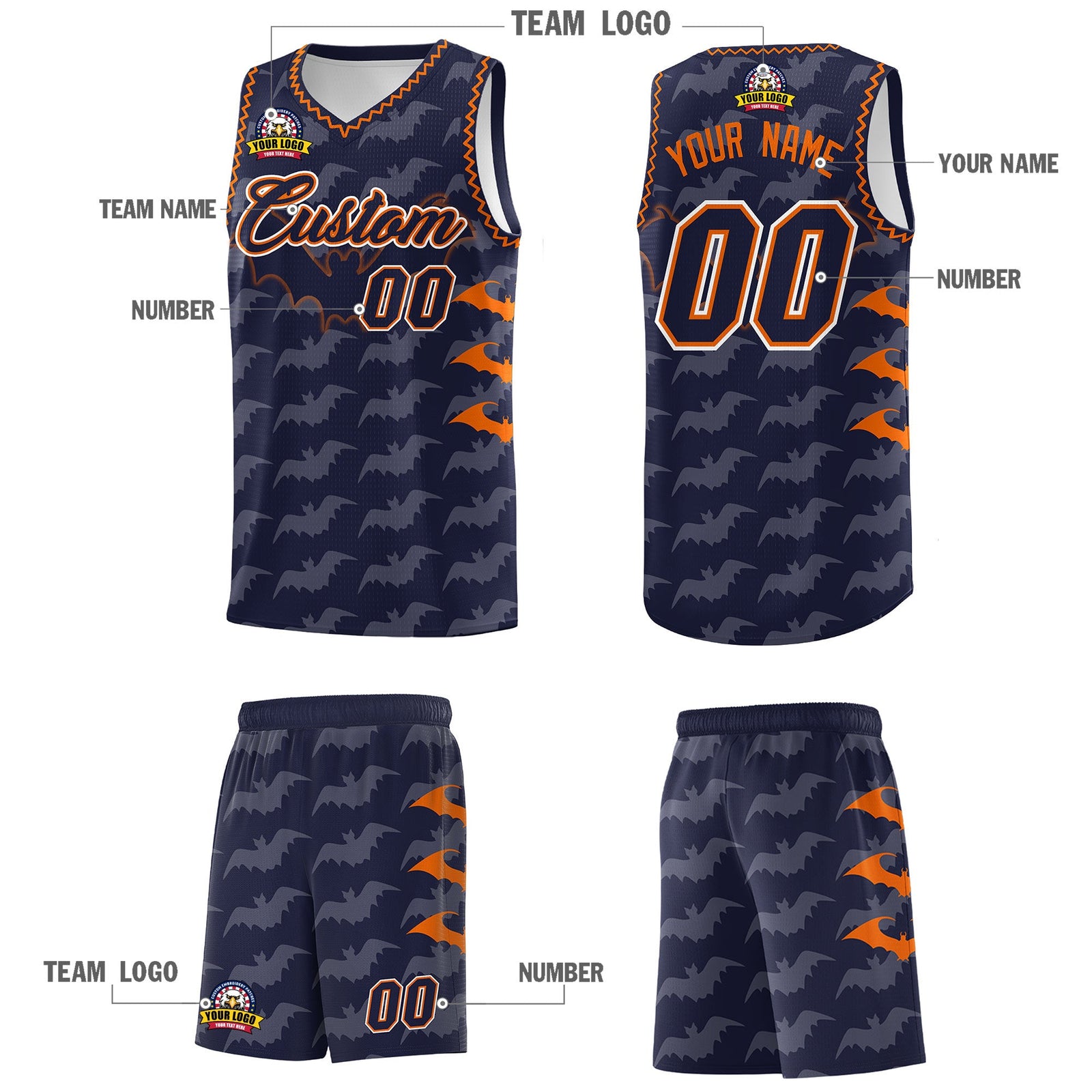 Custom Navy Orange Bat Pattern Halloween Basketball Jersey | For Men,For Kid,For Youth,Sublimation Printed,Perfect for Training,Perfect for Parties,Add Name and Numbern | KXKSHOP