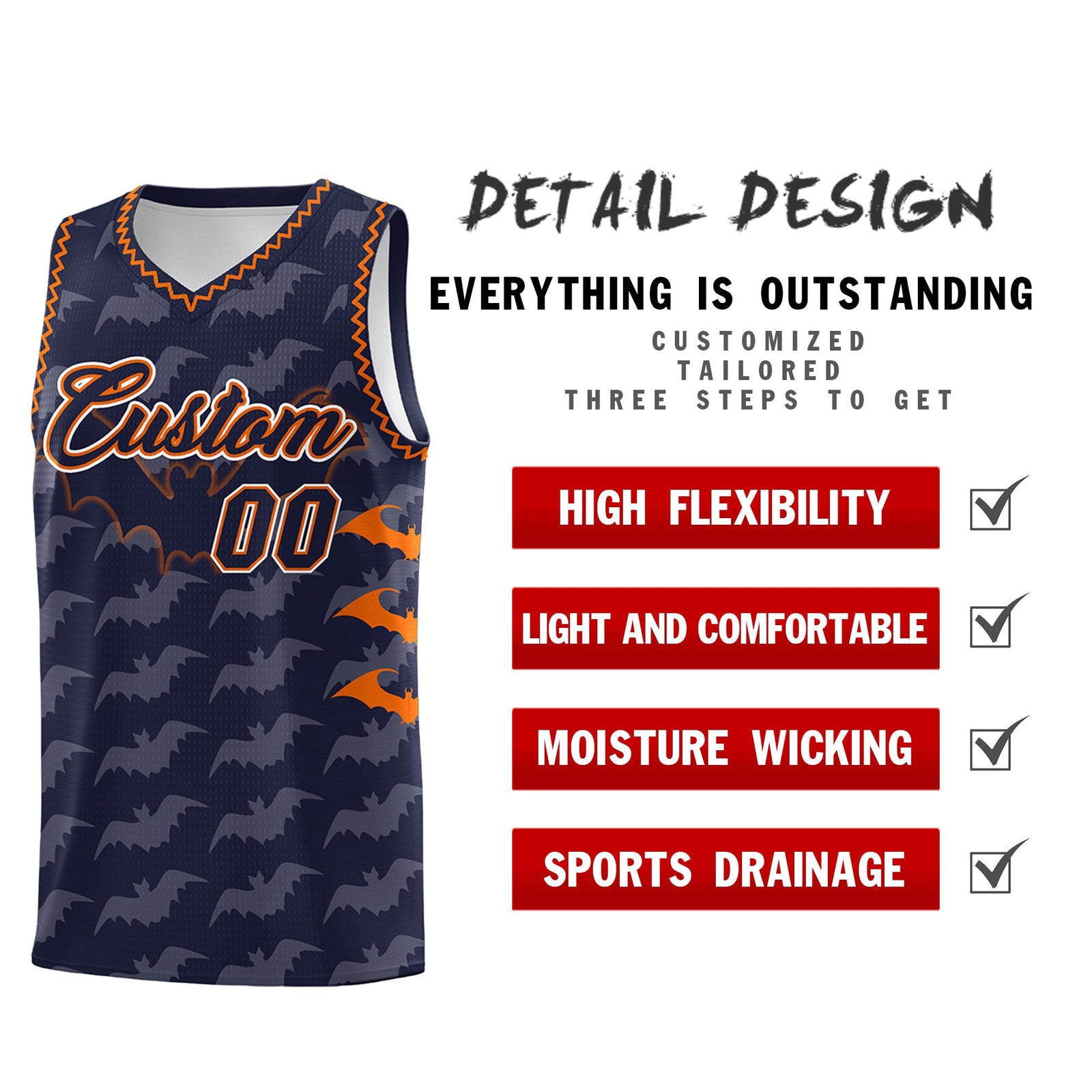 Custom Navy Orange Bat Pattern Halloween Basketball Jersey | For Men,For Kid,For Youth,Sublimation Printed,Perfect for Training,Perfect for Parties,Add Name and Numbern | KXKSHOP