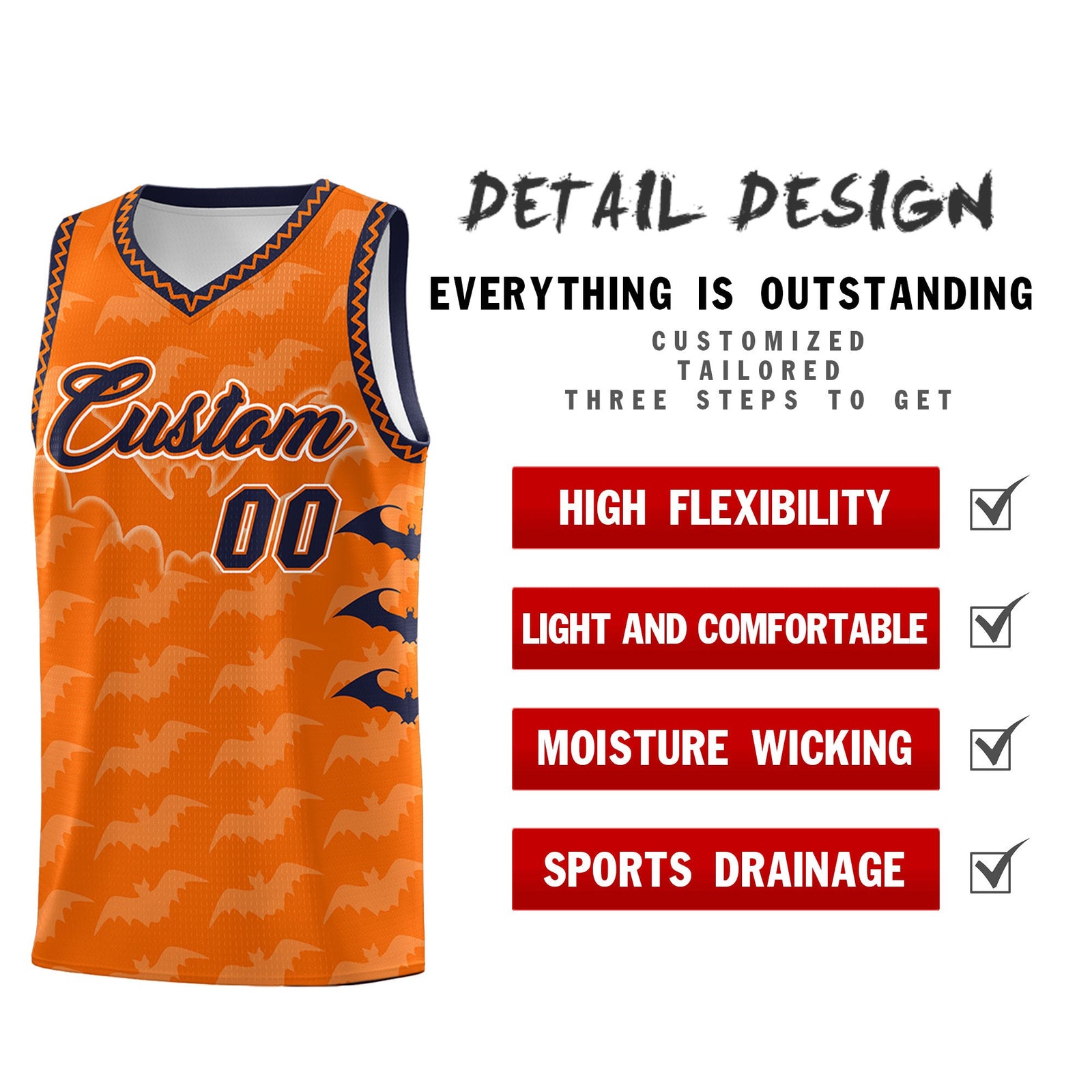 Custom Orange Navy White Bat Pattern Halloween Basketball Jersey | For Men,For Kid,For Youth,Sublimation Printed,Perfect for Training,Perfect for Parties,Add Name and Numbern | KXKSHOP