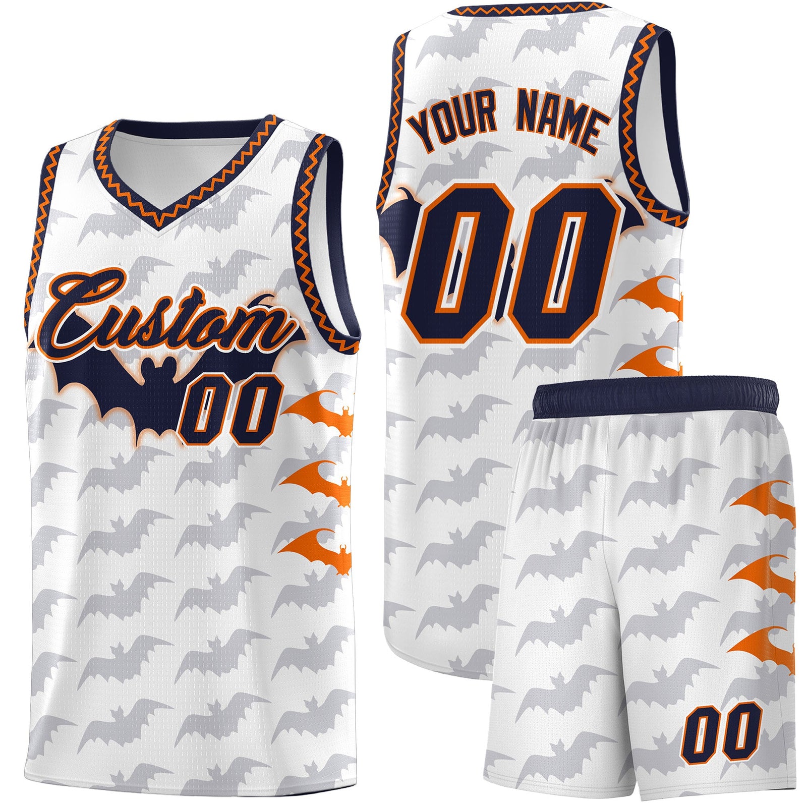 Custom White Orange Navy Bat Pattern Halloween Basketball Jersey | For Men,For Kid,For Youth,Sublimation Printed,Perfect for Training,Perfect for Parties,Add Name and Numbern | KXKSHOP