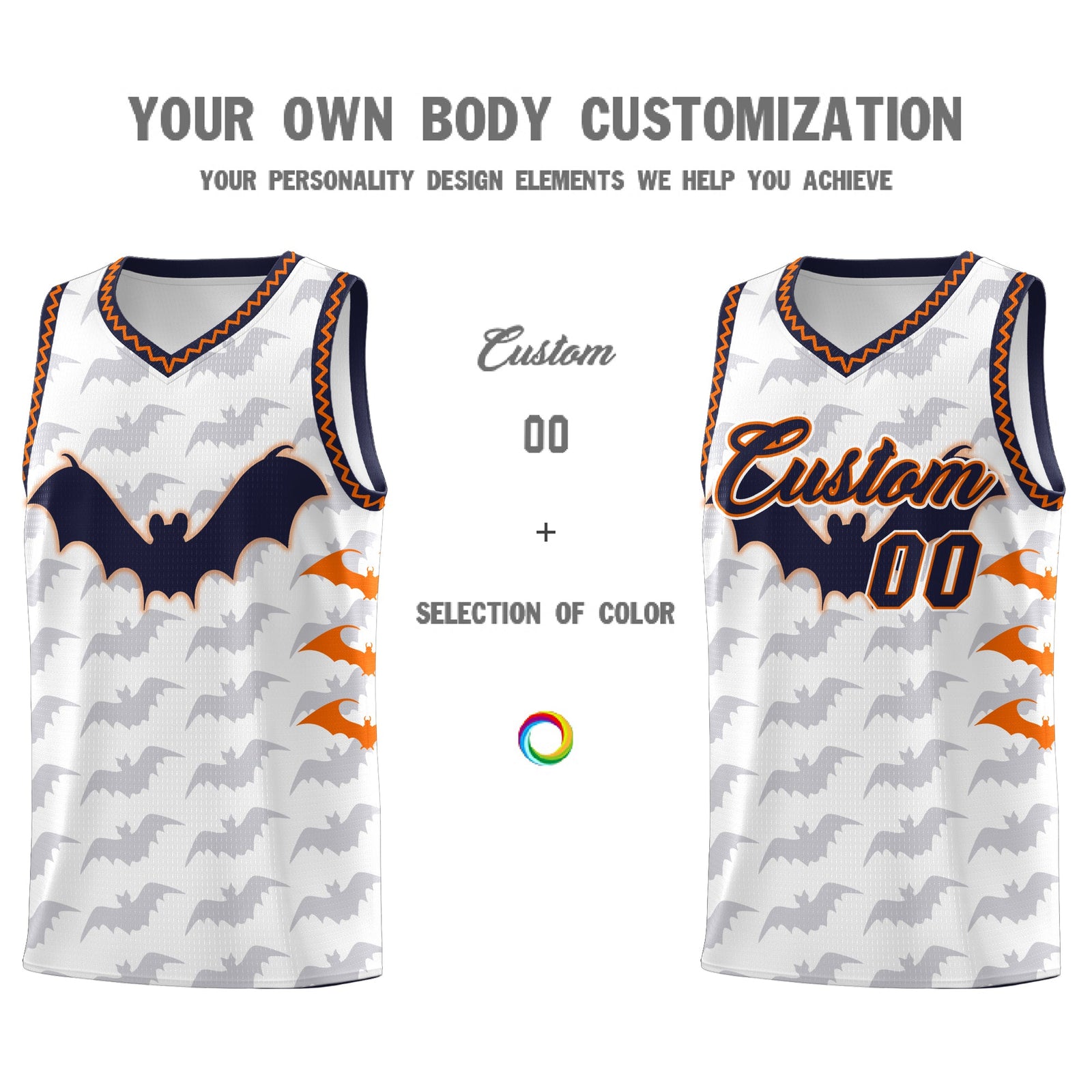 Custom White Orange Navy Bat Pattern Halloween Basketball Jersey | For Men,For Kid,For Youth,Sublimation Printed,Perfect for Training,Perfect for Parties,Add Name and Numbern | KXKSHOP