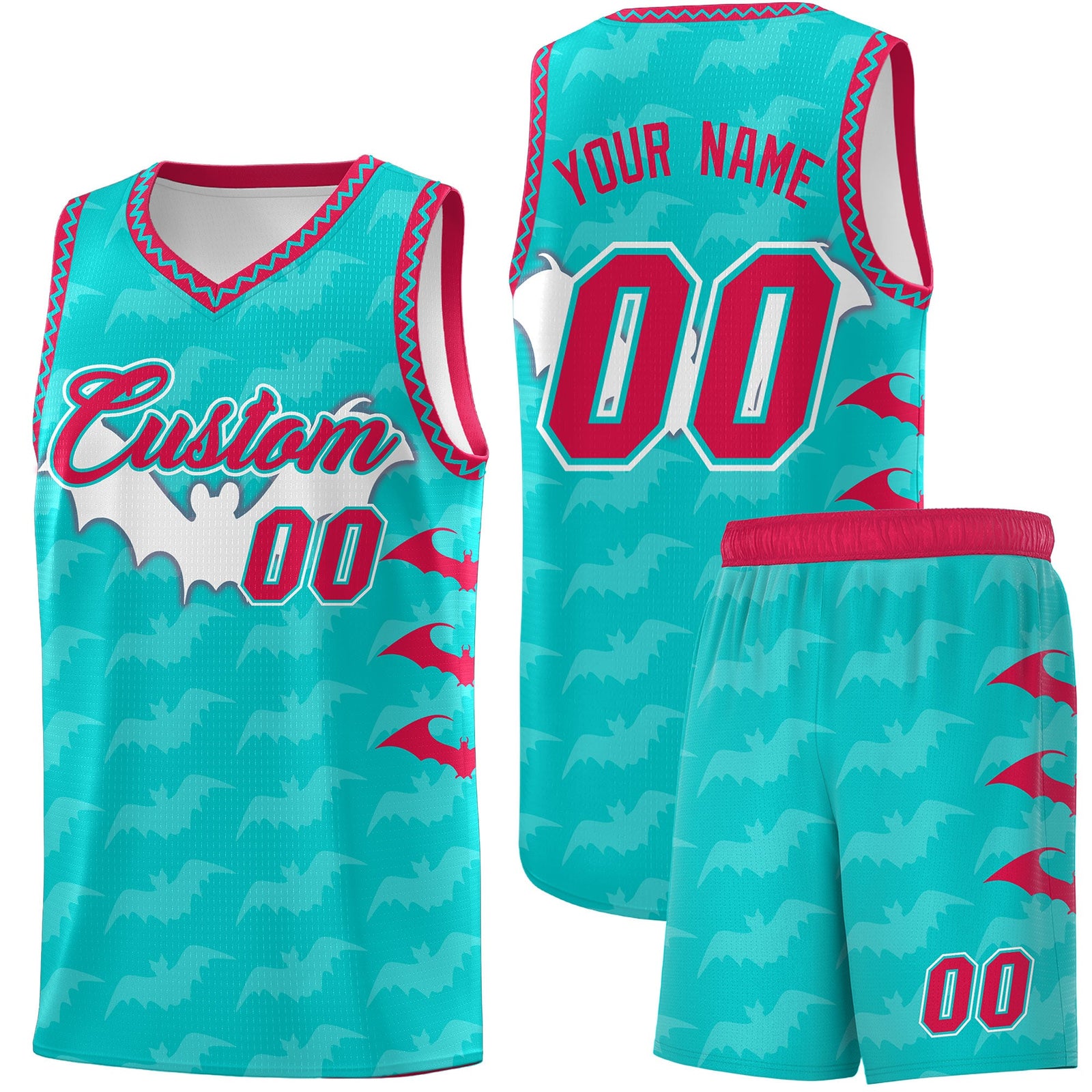 Custom Aqua White Red Bat Pattern Halloween Basketball Jersey | For Men,For Kid,For Youth,Sublimation Printed,Perfect for Training,Perfect for Parties,Add Name and Numbern | KXKSHOP
