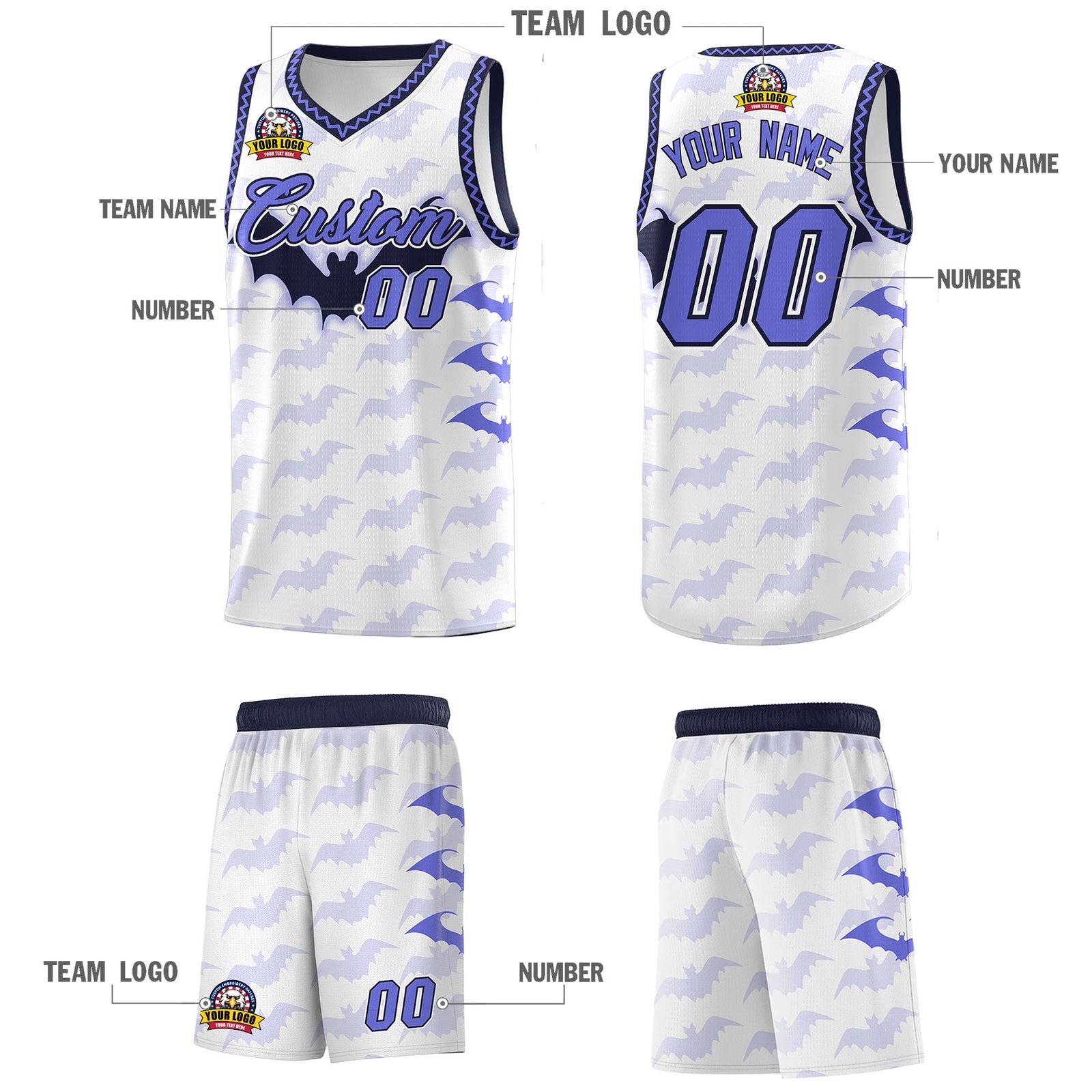 Custom White Purple Navy Bat Pattern Halloween Basketball Jersey | For Men,For Kid,For Youth,Sublimation Printed,Perfect for Training,Perfect for Parties,Add Name and Numbern | KXKSHOP