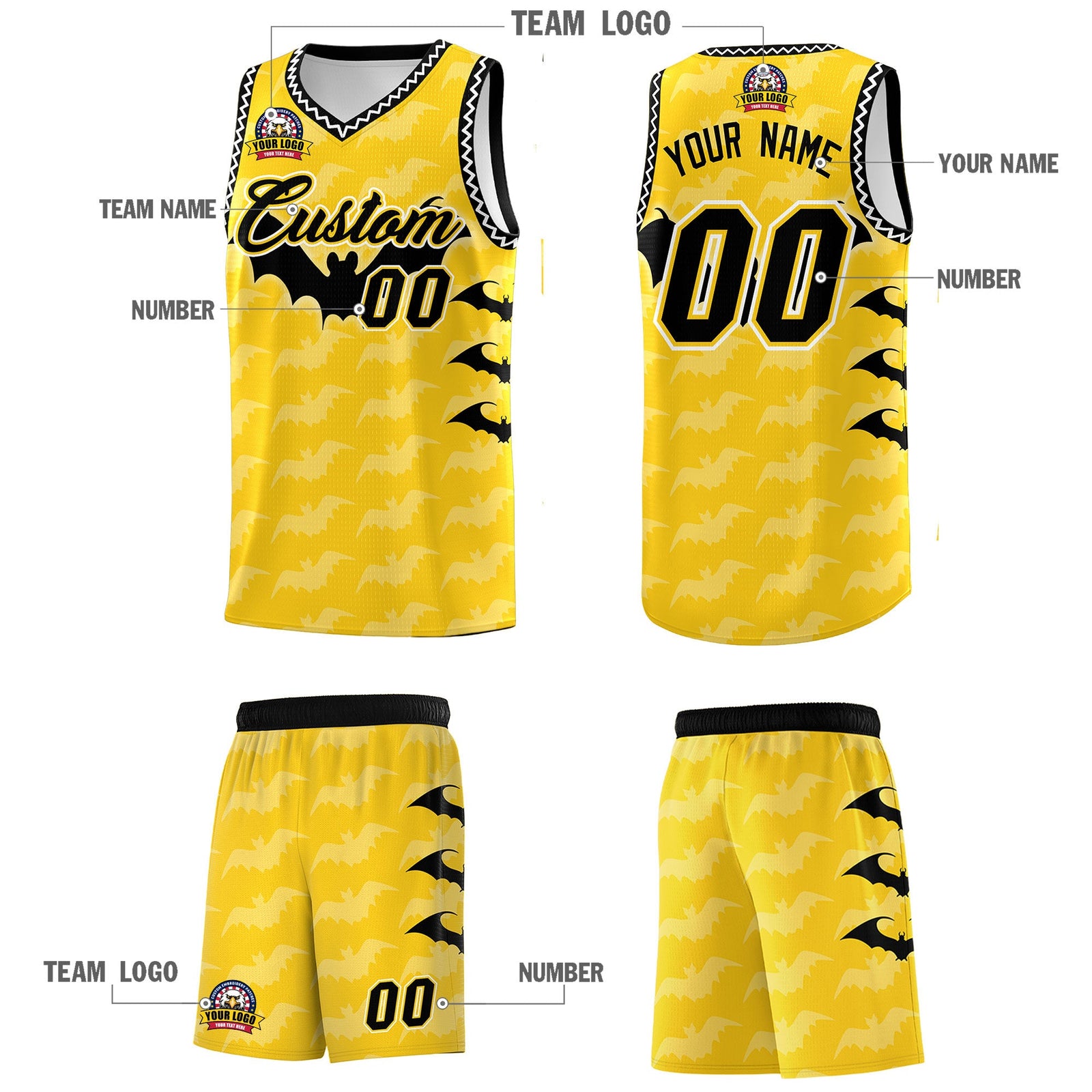 Custom Gold White Black Bat Pattern Halloween Basketball Jersey | For Men,For Kid,For Youth,Sublimation Printed,Perfect for Training,Perfect for Parties,Add Name and Numbern | KXKSHOP