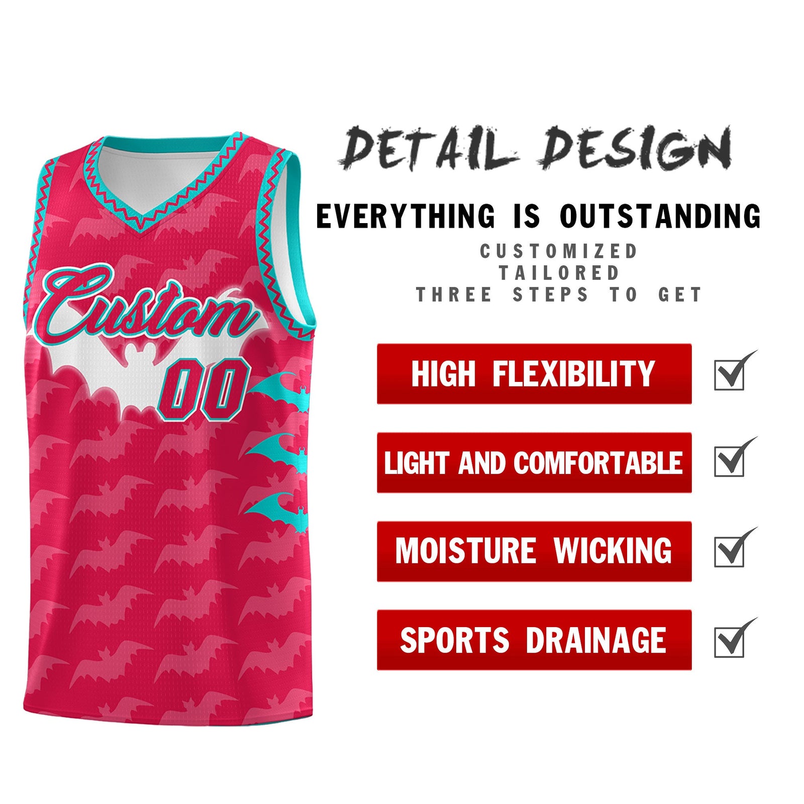 Custom Red White Aqua Bat Pattern Halloween Basketball Jersey | For Men,For Kid,For Youth,Sublimation Printed,Perfect for Training,Perfect for Parties,Add Name and Numbern | KXKSHOP