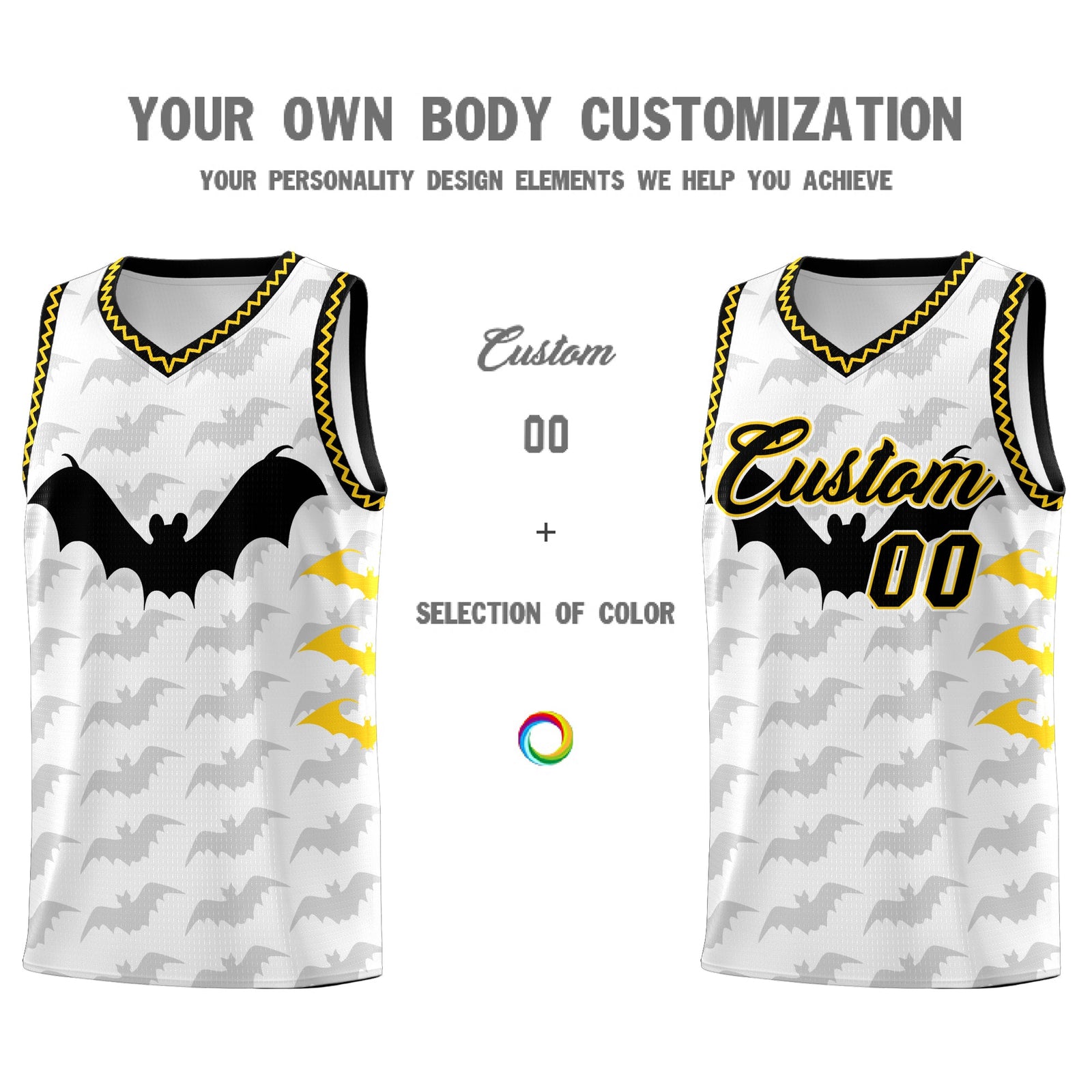 Custom White Gold Black Bat Pattern Halloween Basketball Jersey | For Men,For Kid,For Youth,Sublimation Printed,Perfect for Training,Perfect for Parties,Add Name and Numbern | KXKSHOP