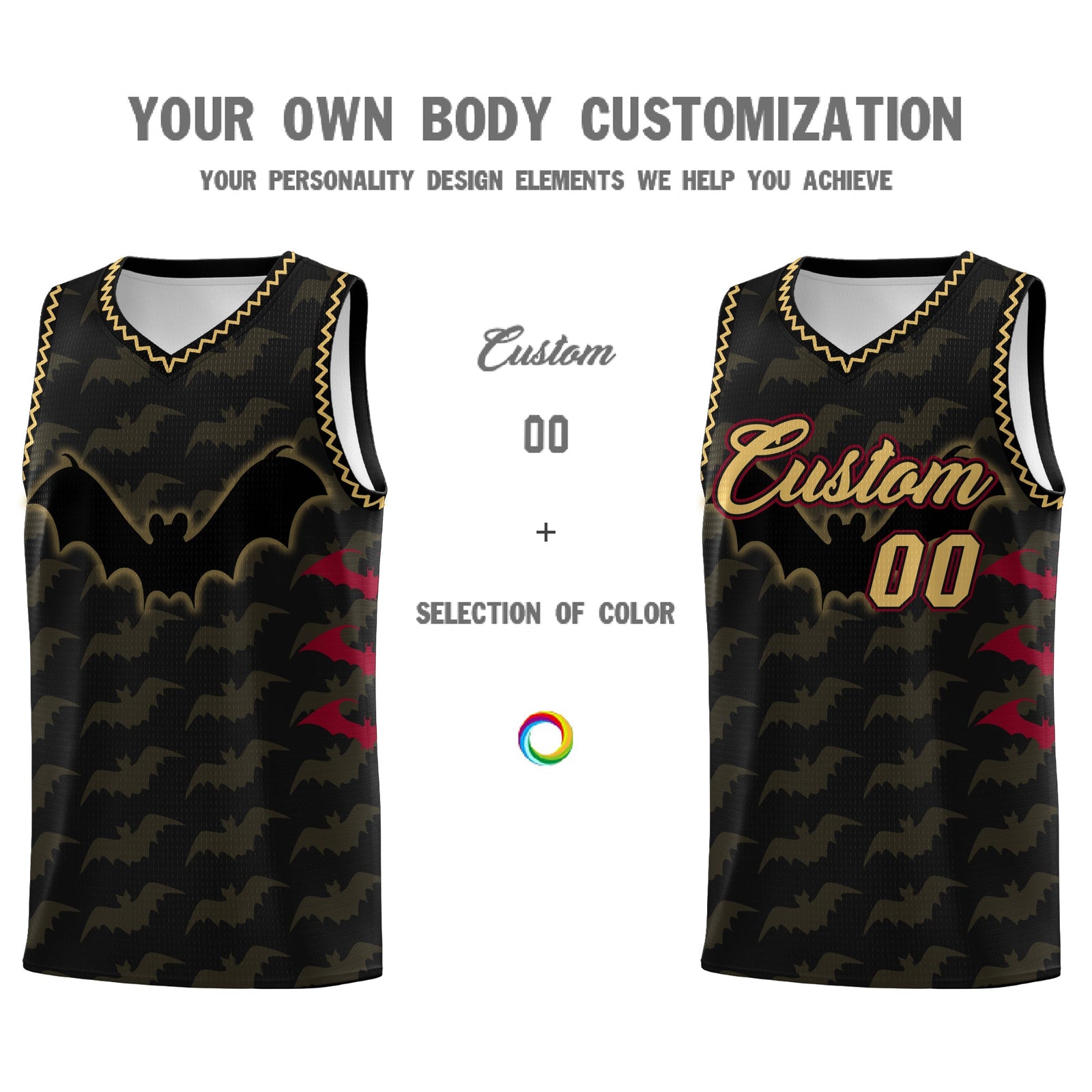 Custom Black Old Gold Crimson Bat Pattern Halloween Basketball Jersey | For Men,For Kid,For Youth,Sublimation Printed,Perfect for Training,Perfect for Parties,Add Name and Numbern | KXKSHOP