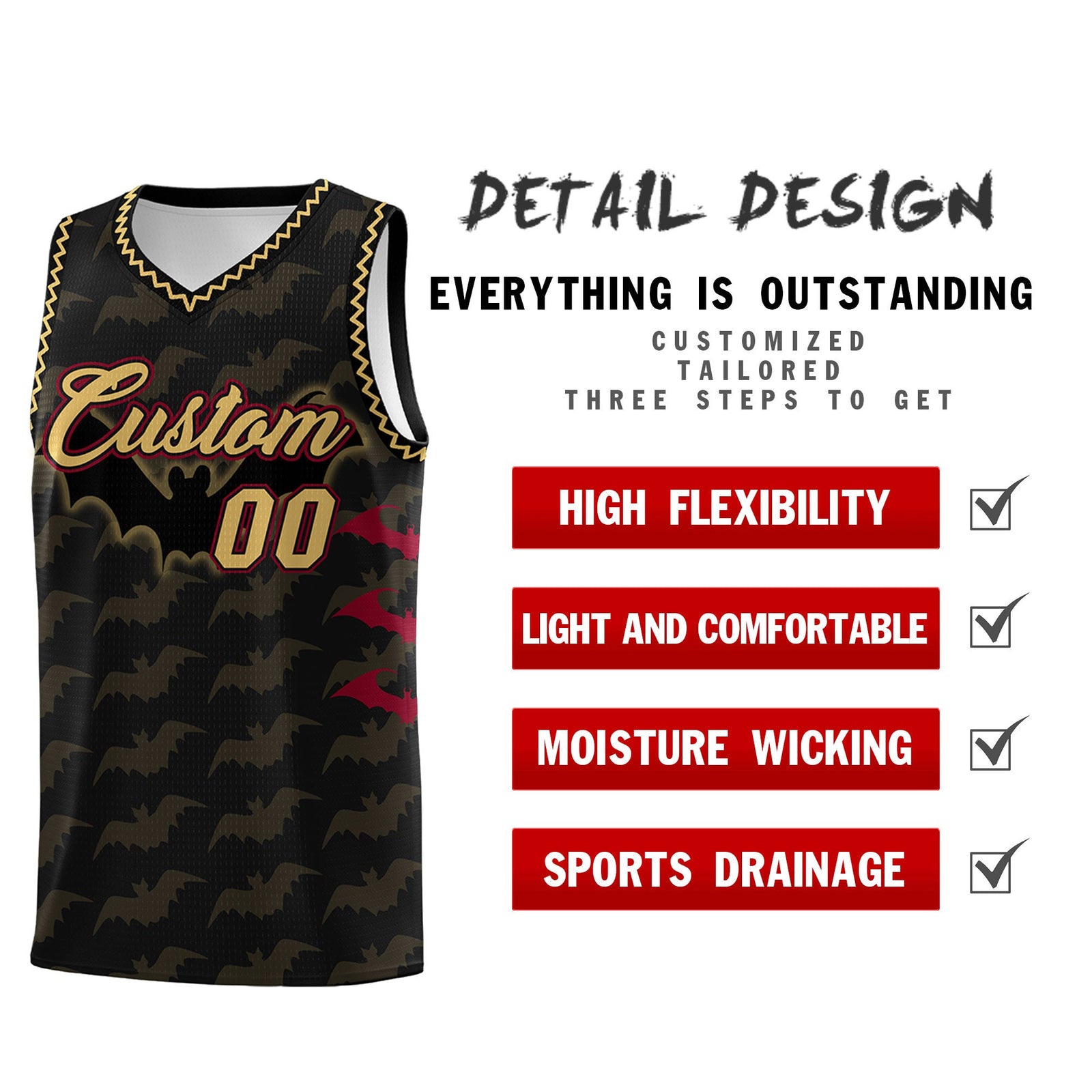 Custom Black Old Gold Crimson Bat Pattern Halloween Basketball Jersey | For Men,For Kid,For Youth,Sublimation Printed,Perfect for Training,Perfect for Parties,Add Name and Numbern | KXKSHOP