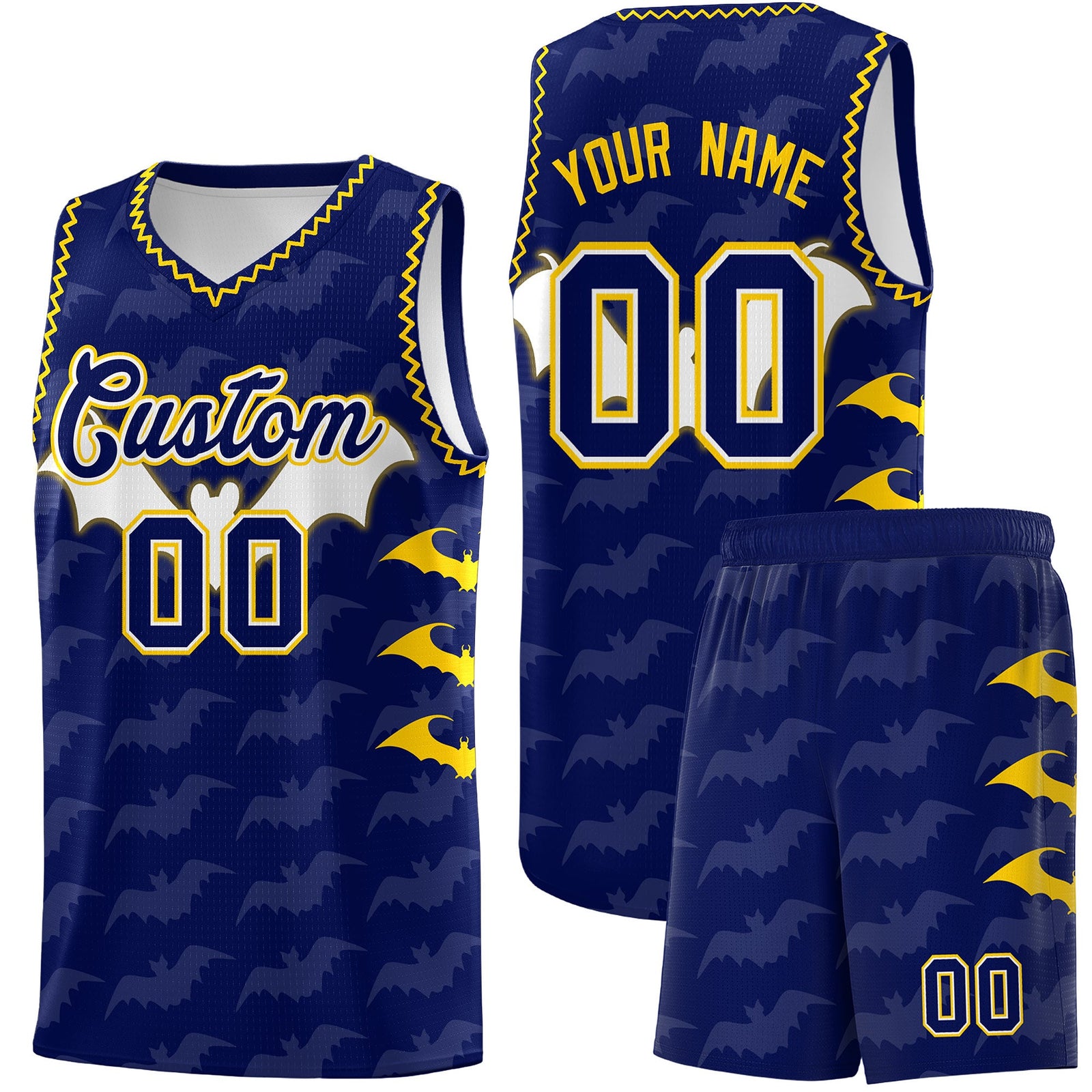 Custom Navy Gold Bat Pattern Halloween Basketball Jersey | For Men,For Kid,For Youth,Sublimation Printed,Perfect for Training,Perfect for Parties,Add Name and Numbern | KXKSHOP