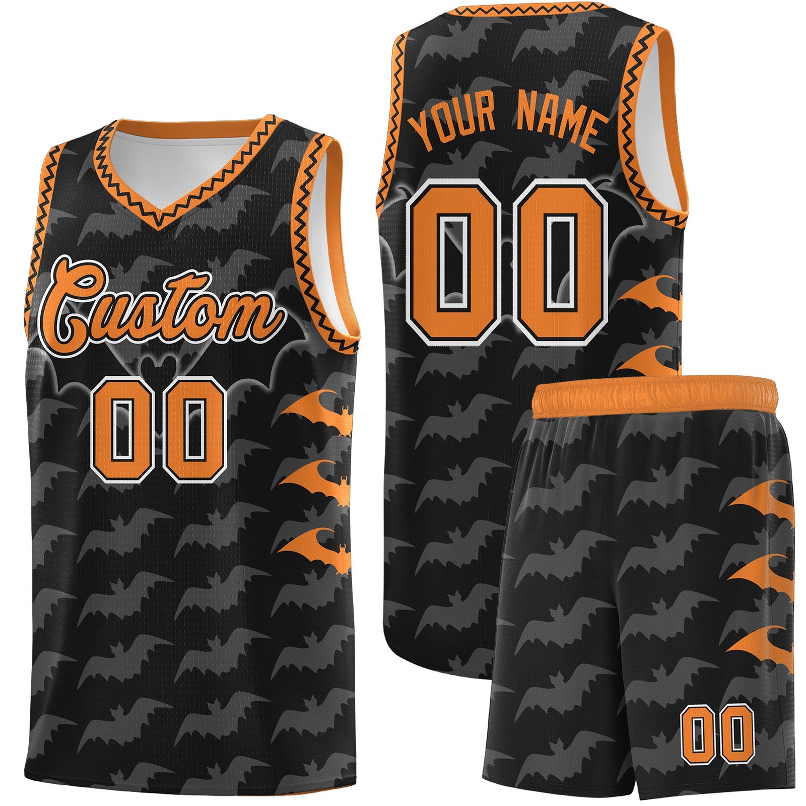 Custom Black Gold Orange Bat Pattern Halloween Basketball Jersey | For Men,For Kid,For Youth,Sublimation Printed,Perfect for Training,Perfect for Parties,Add Name and Numbern | KXKSHOP
