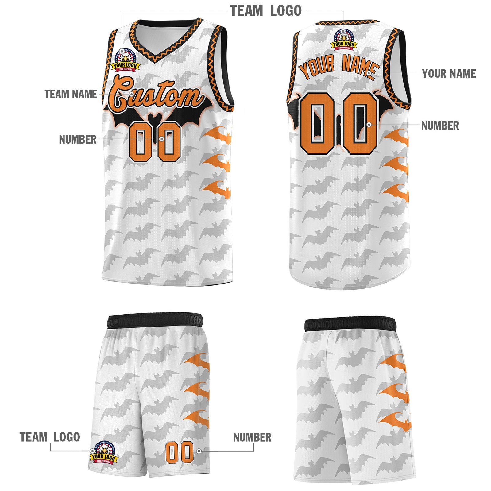 Custom White Black Bat Pattern Halloween Basketball Jersey | For Men,For Kid,For Youth,Sublimation Printed,Perfect for Training,Perfect for Parties,Add Name and Numbern | KXKSHOP