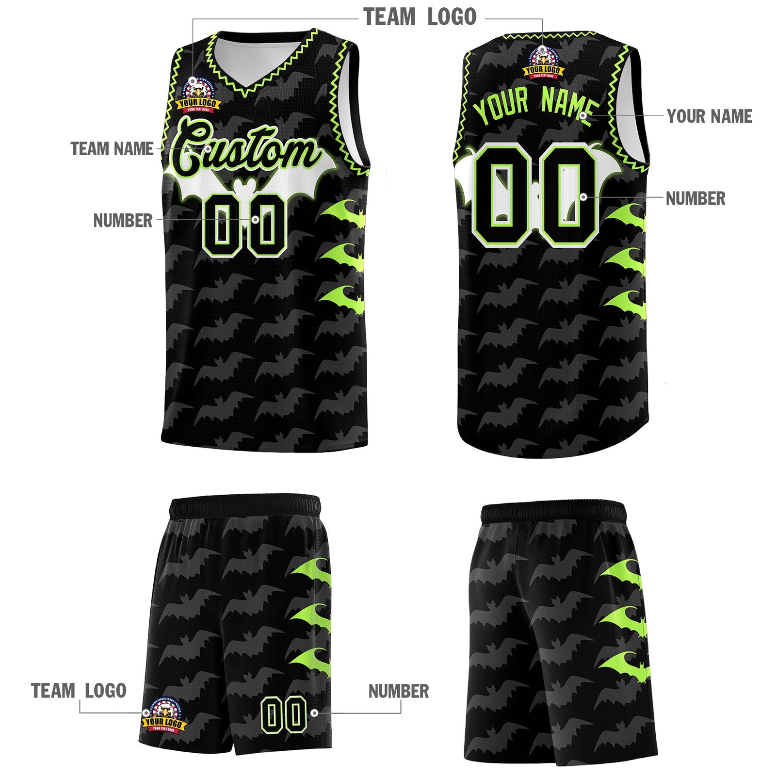 Custom Black Fluorescent Green Bat Pattern Halloween Basketball Jersey | For Men,For Kid,For Youth,Sublimation Printed,Perfect for Training,Perfect for Parties,Add Name and Numbern | KXKSHOP