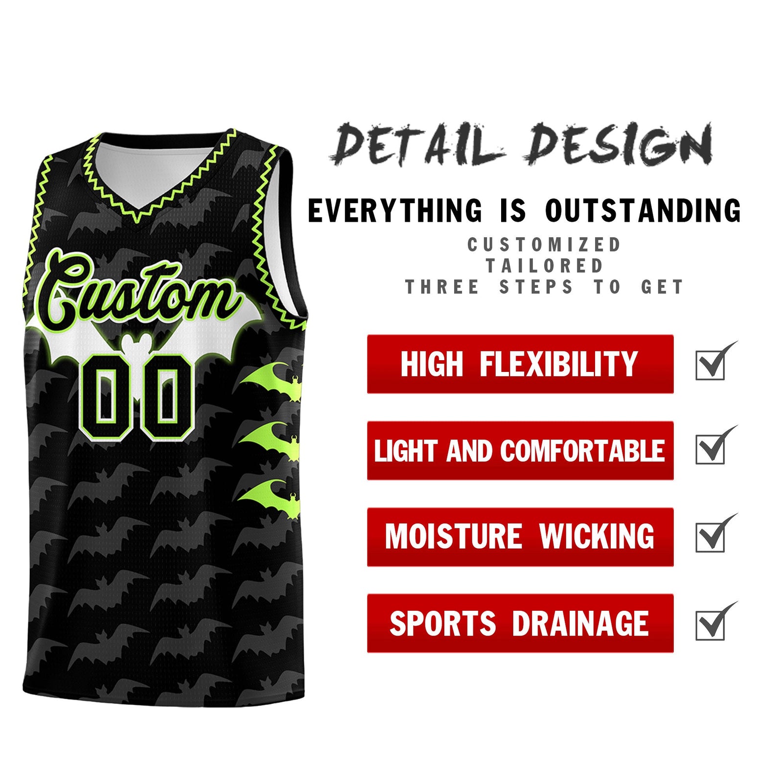 Custom Black Fluorescent Green Bat Pattern Halloween Basketball Jersey | For Men,For Kid,For Youth,Sublimation Printed,Perfect for Training,Perfect for Parties,Add Name and Numbern | KXKSHOP