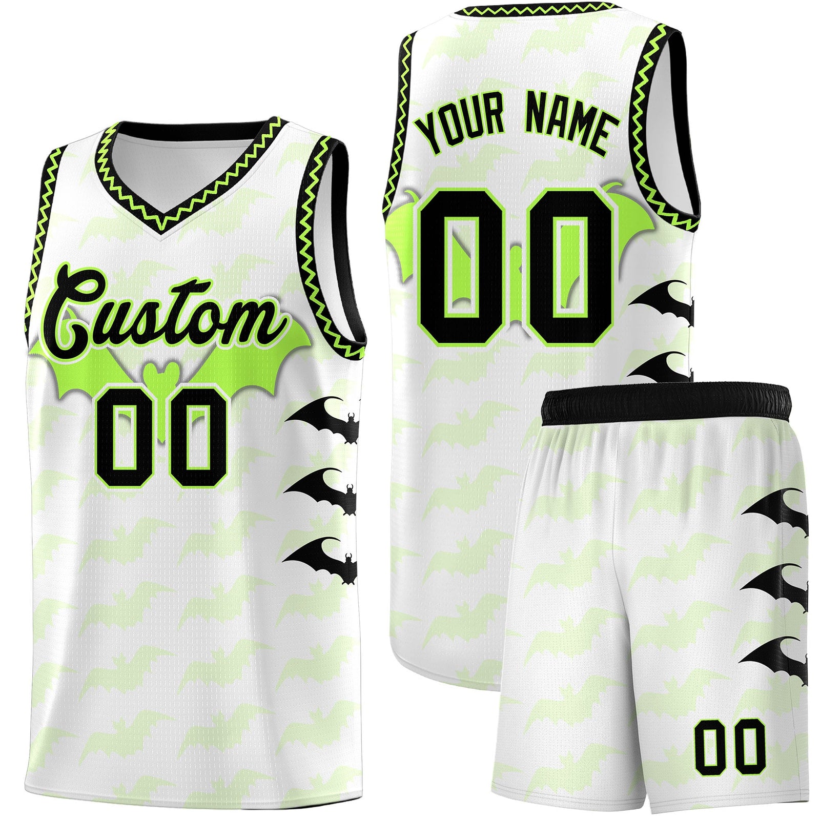 Custom White Fluorescent Green Black Bat Pattern Halloween Basketball Jersey | For Men,For Kid,For Youth,Sublimation Printed,Perfect for Training,Perfect for Parties,Add Name and Numbern | KXKSHOP