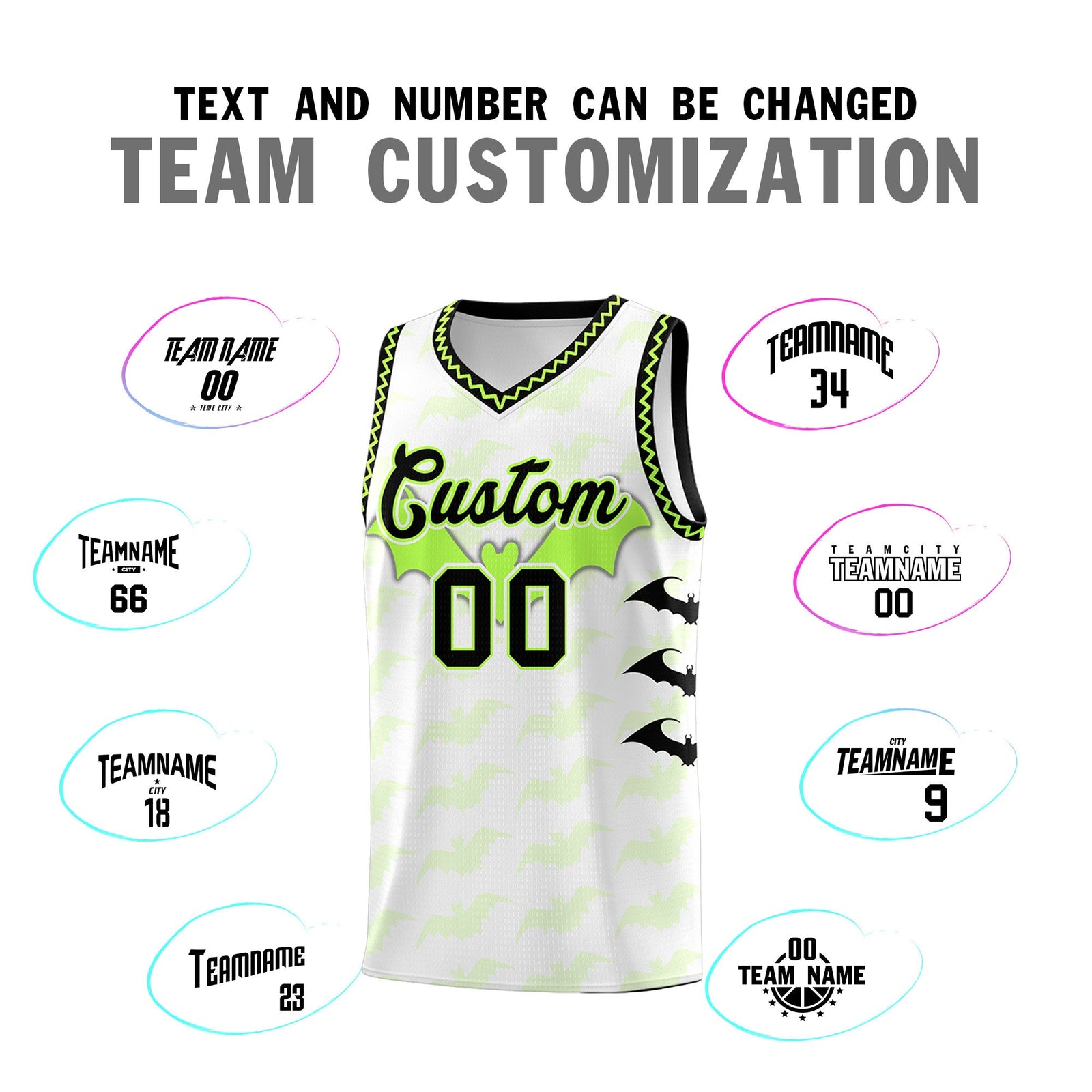 Custom White Fluorescent Green Black Bat Pattern Halloween Basketball Jersey | For Men,For Kid,For Youth,Sublimation Printed,Perfect for Training,Perfect for Parties,Add Name and Numbern | KXKSHOP