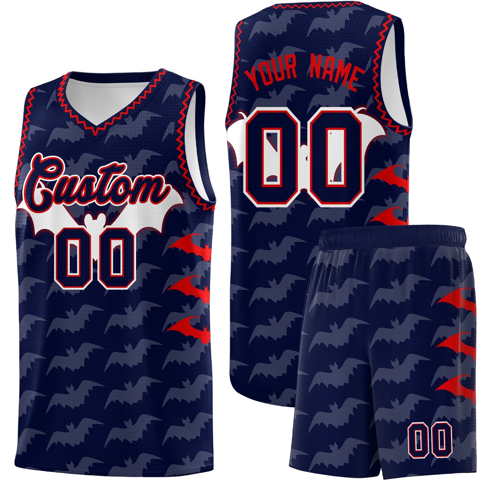 Custom Navy Red Bat Pattern Halloween Basketball Jersey | For Men,For Kid,For Youth,Sublimation Printed,Perfect for Training,Perfect for Parties,Add Name and Numbern | KXKSHOP