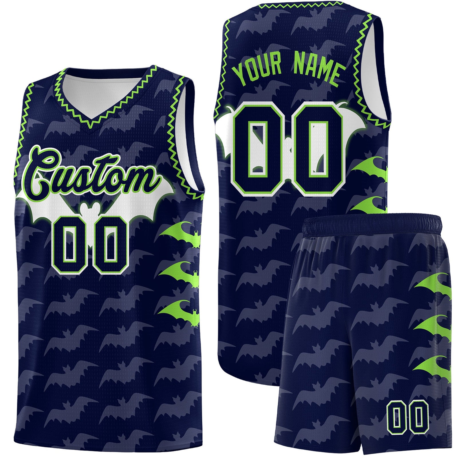 Custom Navy Fluorescent Green Bat Pattern Halloween Basketball Jersey | For Men,For Kid,For Youth,Sublimation Printed,Perfect for Training,Perfect for Parties,Add Name and Numbern | KXKSHOP
