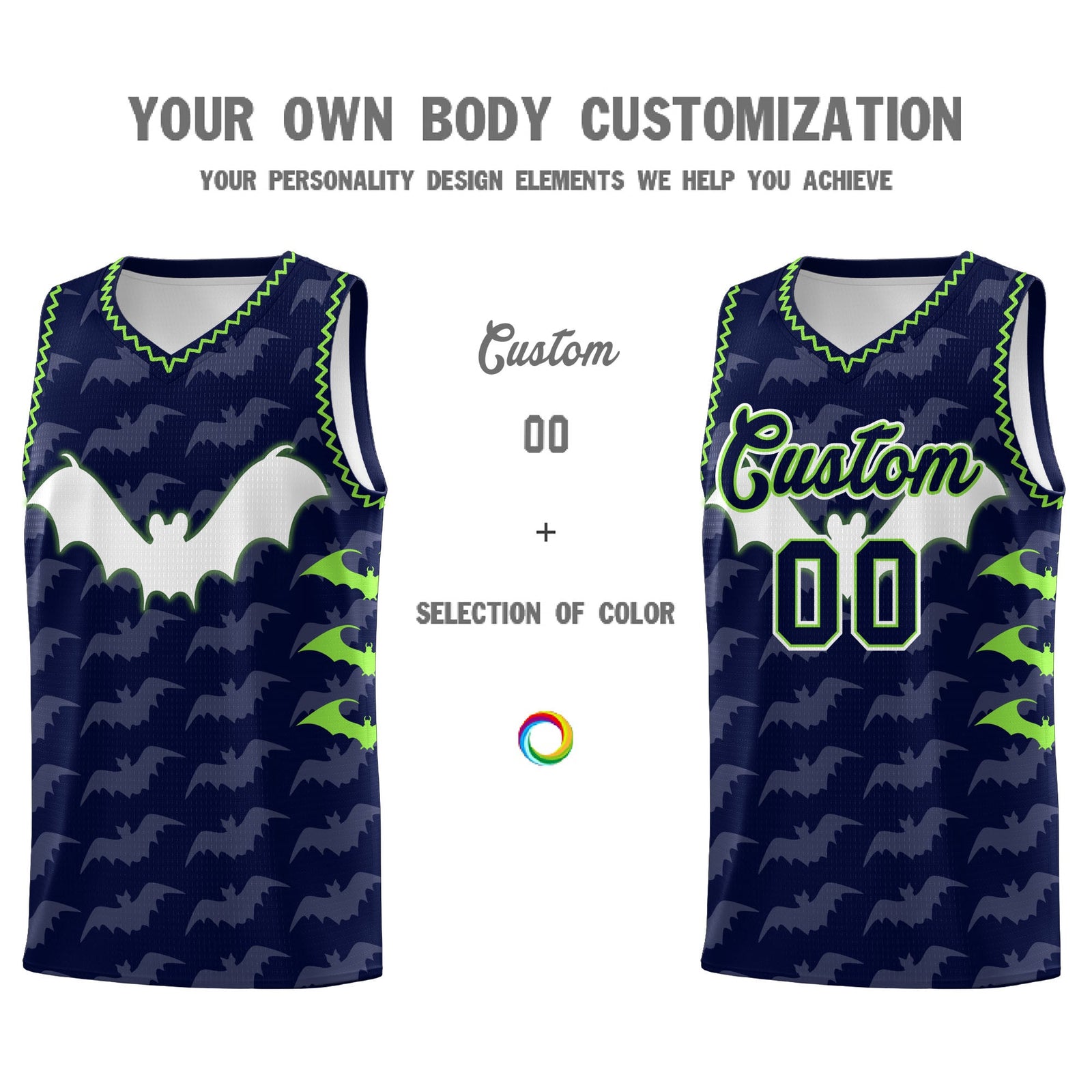 Custom Navy Fluorescent Green Bat Pattern Halloween Basketball Jersey | For Men,For Kid,For Youth,Sublimation Printed,Perfect for Training,Perfect for Parties,Add Name and Numbern | KXKSHOP