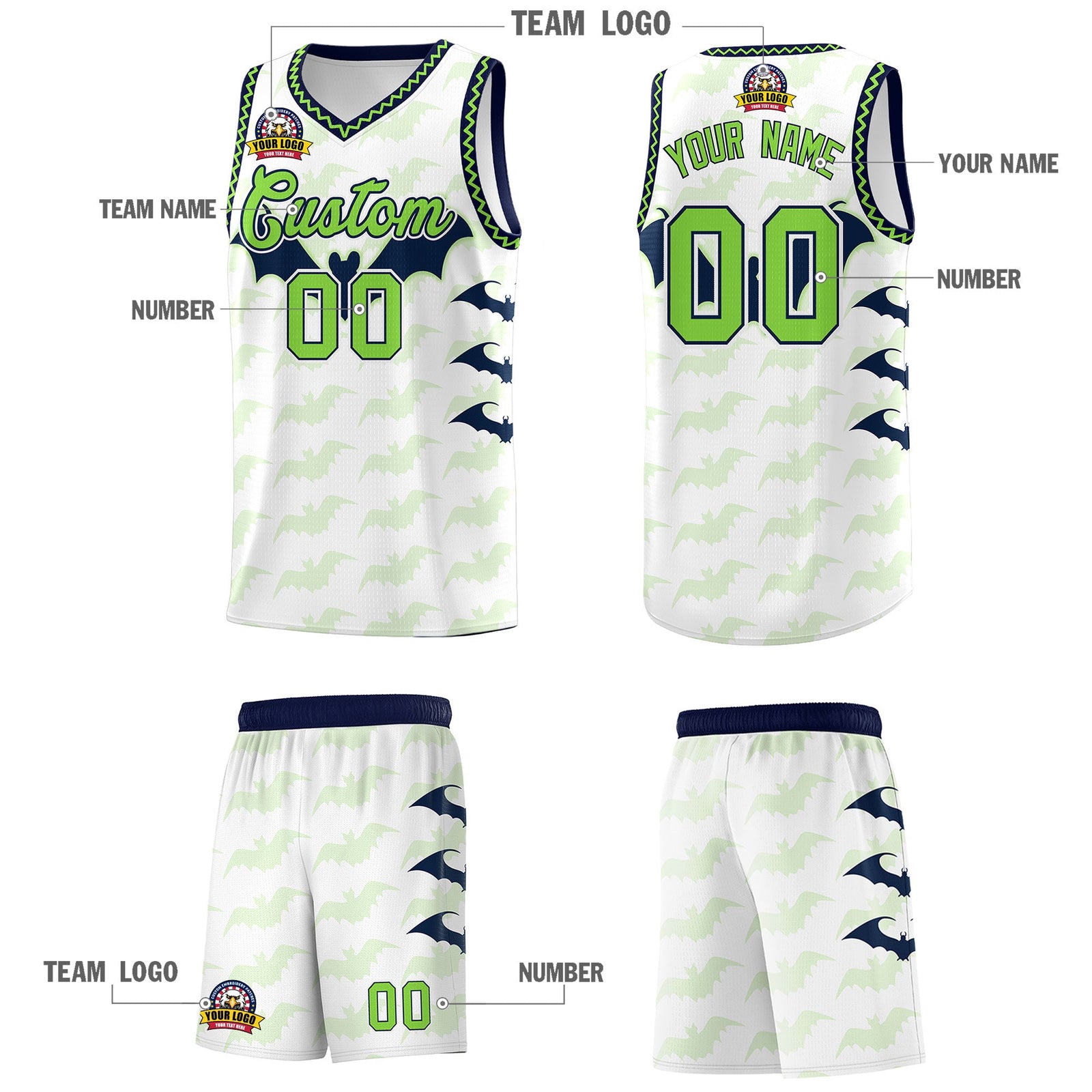 Custom White Fluorescent Green Navy Bat Pattern Halloween Basketball Jersey | For Men,For Kid,For Youth,Sublimation Printed,Perfect for Training,Perfect for Parties,Add Name and Numbern | KXKSHOP