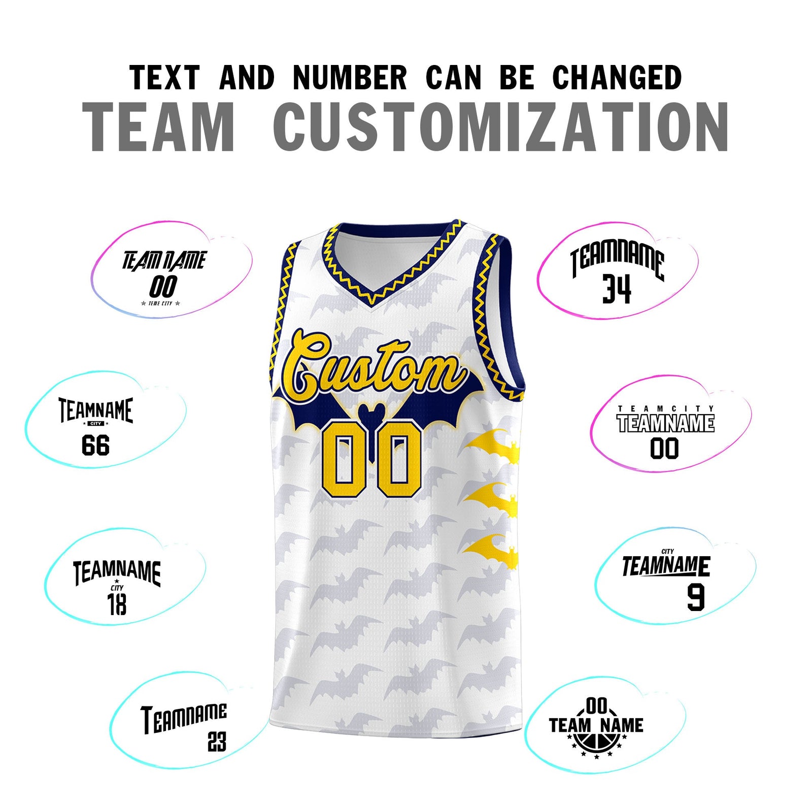 Custom White Gold Navy Bat Pattern Halloween Basketball Jersey | For Men,For Kid,For Youth,Sublimation Printed,Perfect for Training,Perfect for Parties,Add Name and Numbern | KXKSHOP