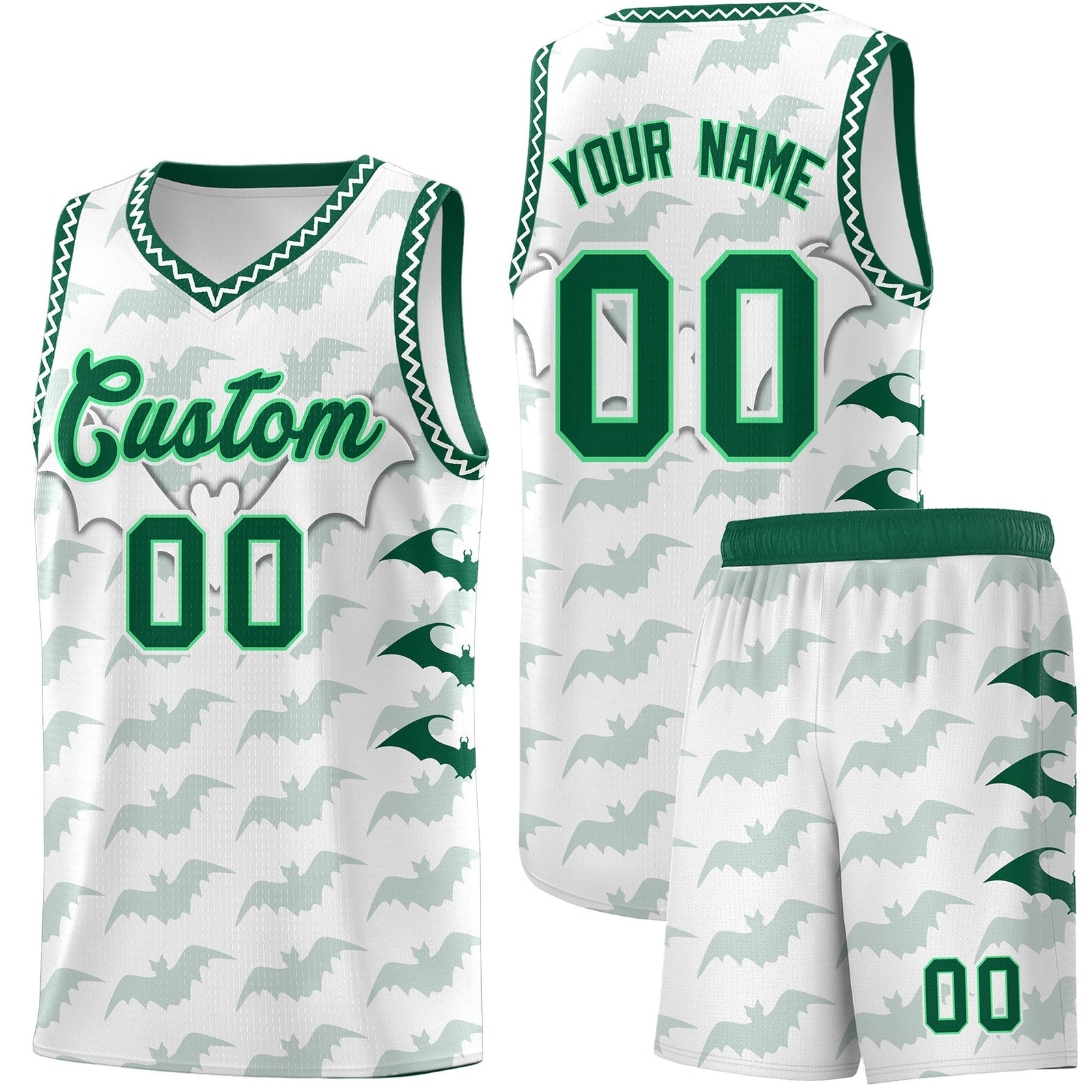 Custom White Kelly Green Bat Pattern Halloween Basketball Jersey | For Men,For Kid,For Youth,Sublimation Printed,Perfect for Training,Perfect for Parties,Add Name and Numbern | KXKSHOP