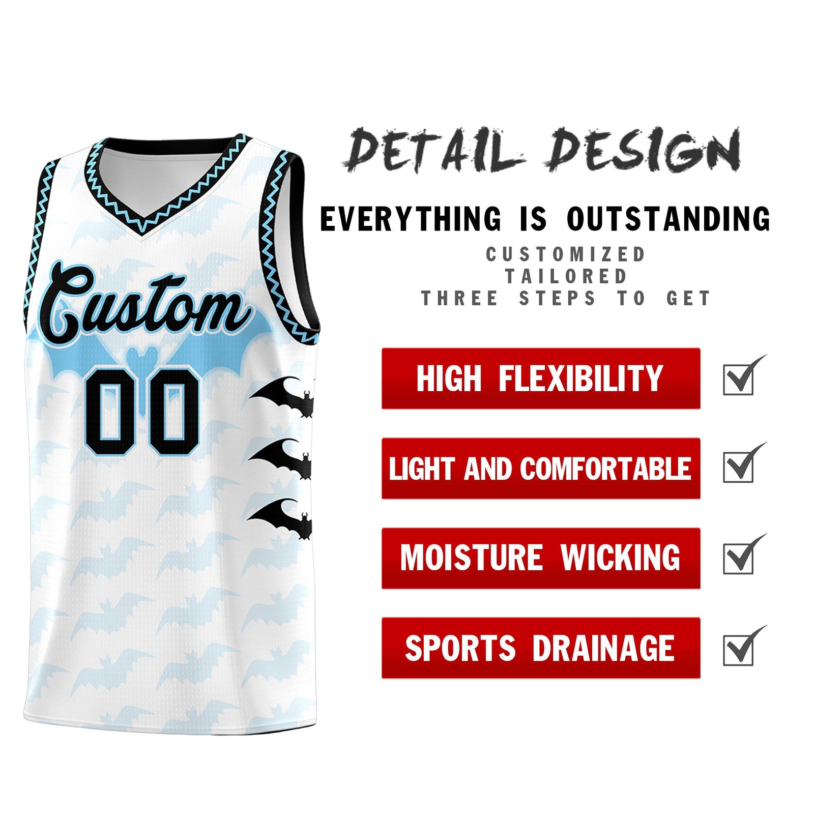 Custom White Light Blue Bat Pattern Halloween Basketball Jersey | For Men,For Kid,For Youth,Sublimation Printed,Perfect for Training,Perfect for Parties,Add Name and Numbern | KXKSHOP