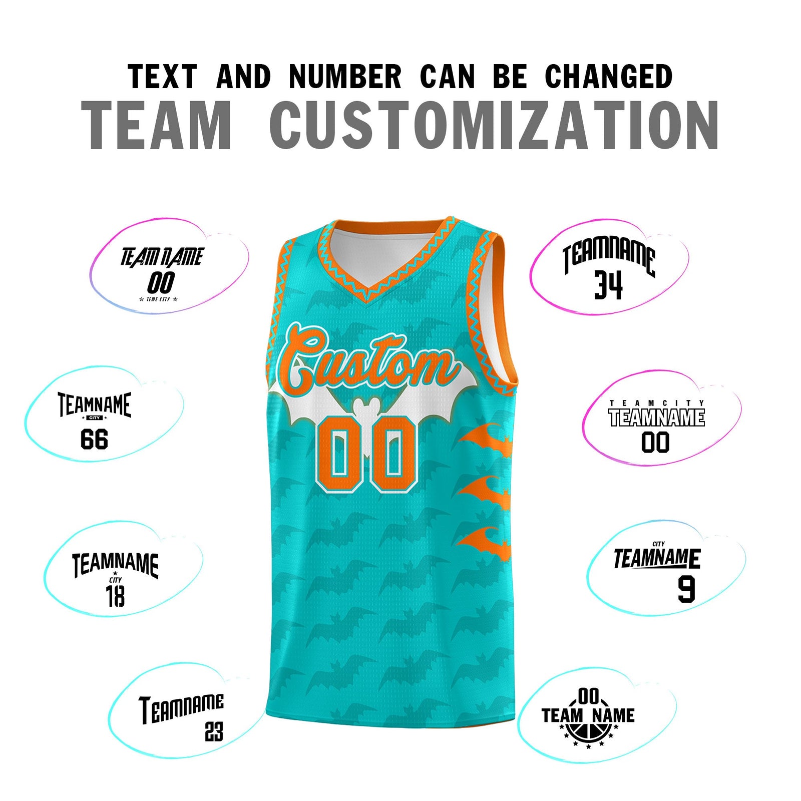Custom Aqua Orange Bat Pattern Halloween Basketball Jersey | For Men,For Kid,For Youth,Sublimation Printed,Perfect for Training,Perfect for Parties,Add Name and Numbern | KXKSHOP