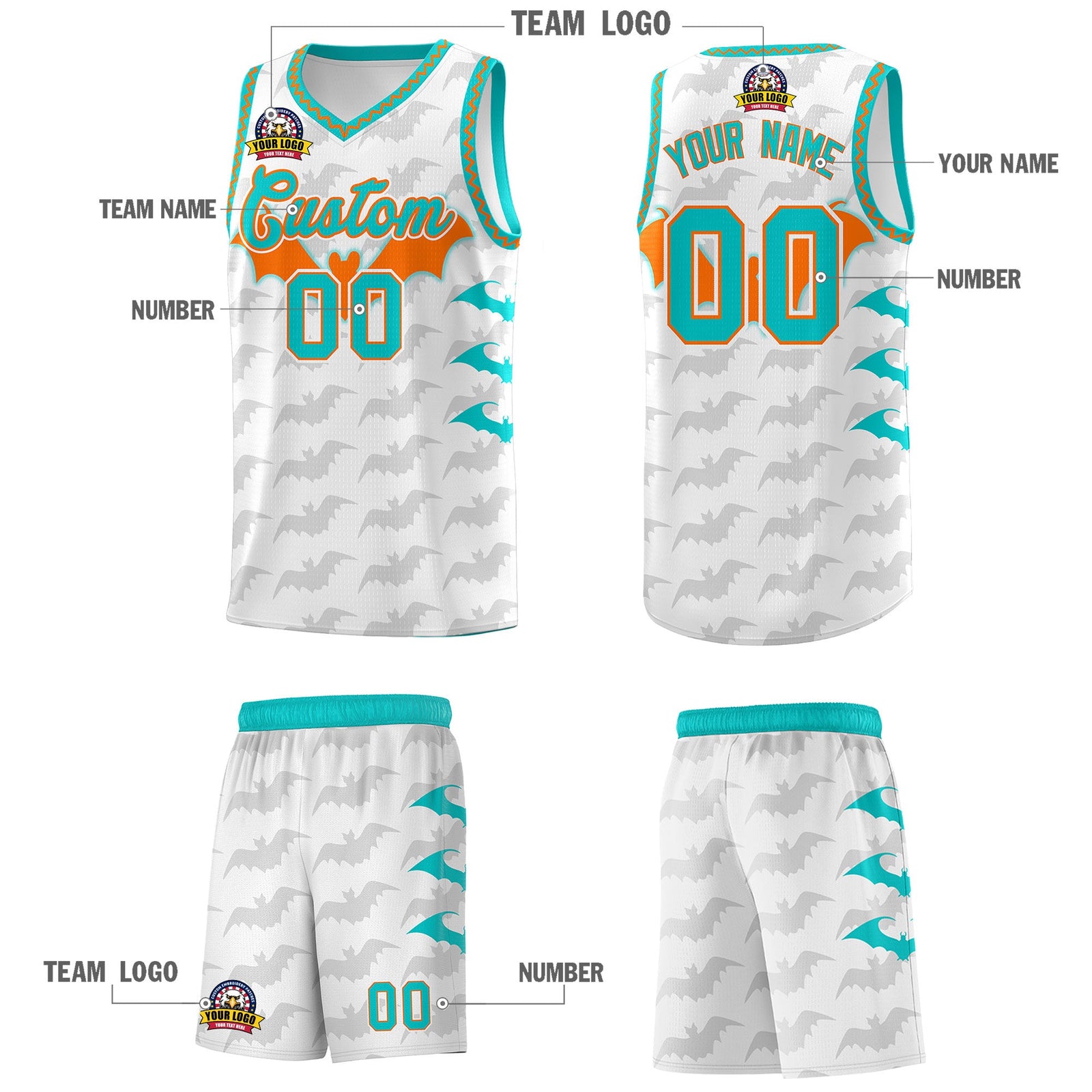Custom White Orange Aqua Bat Pattern Halloween Basketball Jersey | For Men,For Kid,For Youth,Sublimation Printed,Perfect for Training,Perfect for Parties,Add Name and Numbern | KXKSHOP