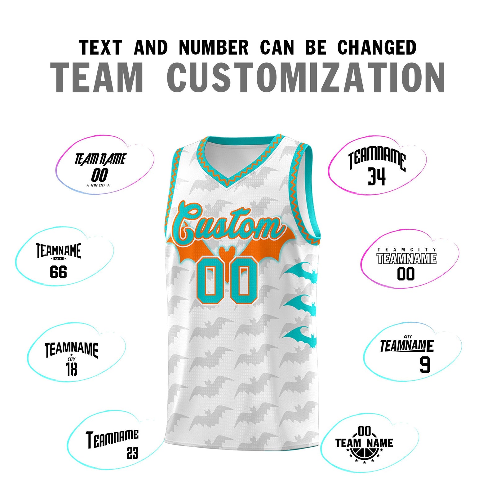 Custom White Orange Aqua Bat Pattern Halloween Basketball Jersey | For Men,For Kid,For Youth,Sublimation Printed,Perfect for Training,Perfect for Parties,Add Name and Numbern | KXKSHOP