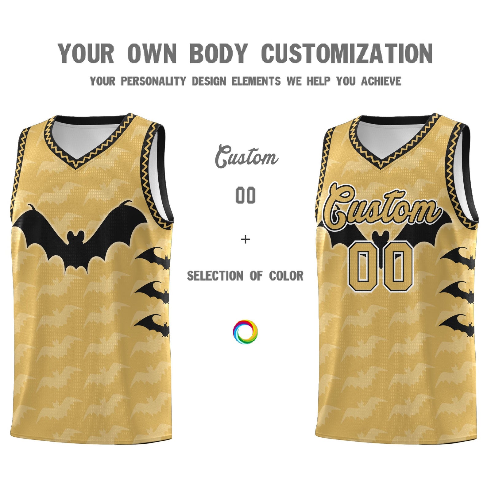 Custom Old Gold Black White Bat Pattern Halloween Basketball Jersey | For Men,For Kid,For Youth,Sublimation Printed,Perfect for Training,Perfect for Parties,Add Name and Numbern | KXKSHOP