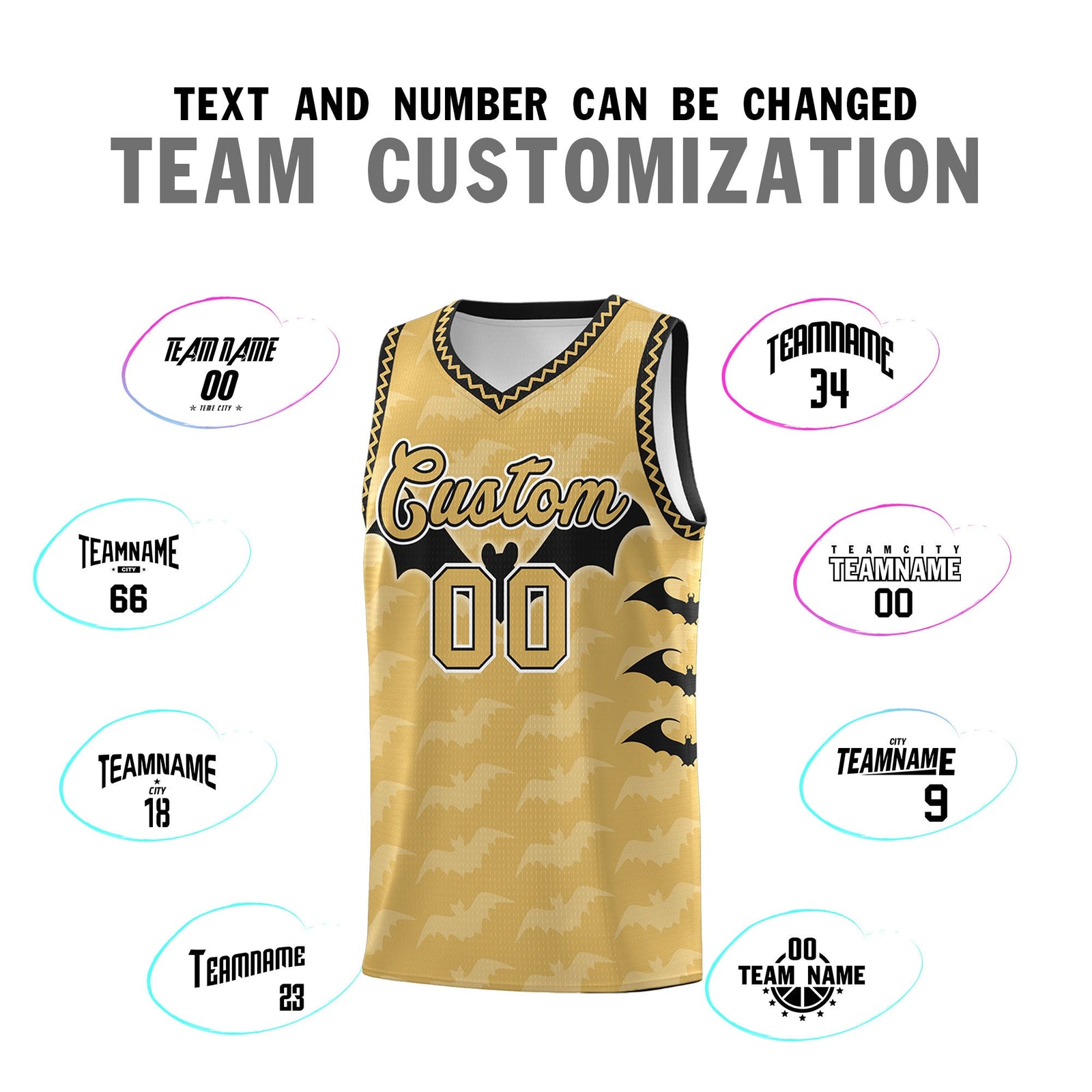 Custom Old Gold Black White Bat Pattern Halloween Basketball Jersey | For Men,For Kid,For Youth,Sublimation Printed,Perfect for Training,Perfect for Parties,Add Name and Numbern | KXKSHOP