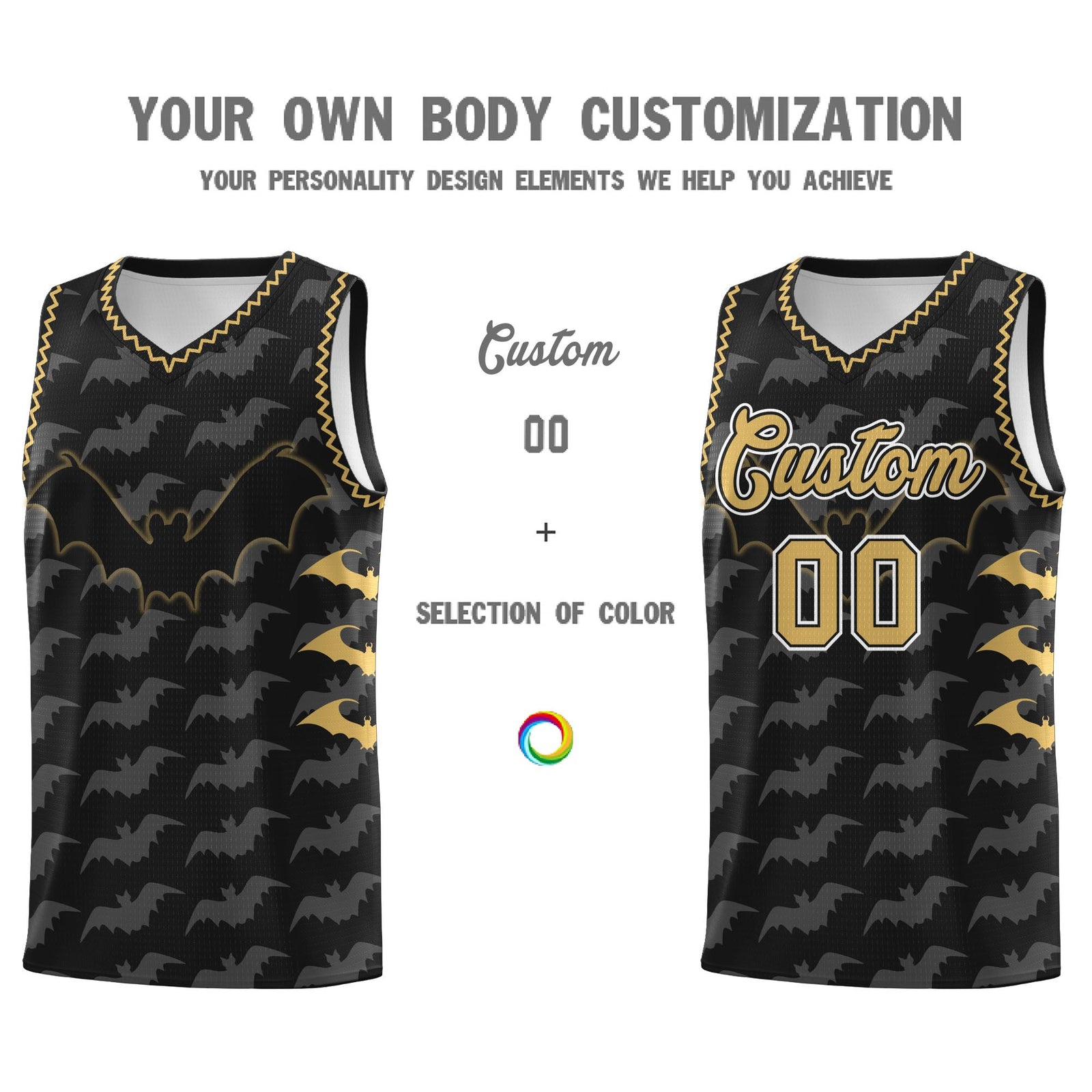 Custom Black Old Gold White Bat Pattern Halloween Basketball Jersey | For Men,For Kid,For Youth,Sublimation Printed,Perfect for Training,Perfect for Parties,Add Name and Numbern | KXKSHOP