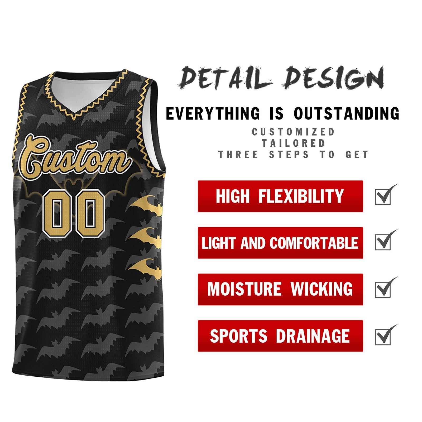 Custom Black Old Gold White Bat Pattern Halloween Basketball Jersey | For Men,For Kid,For Youth,Sublimation Printed,Perfect for Training,Perfect for Parties,Add Name and Numbern | KXKSHOP