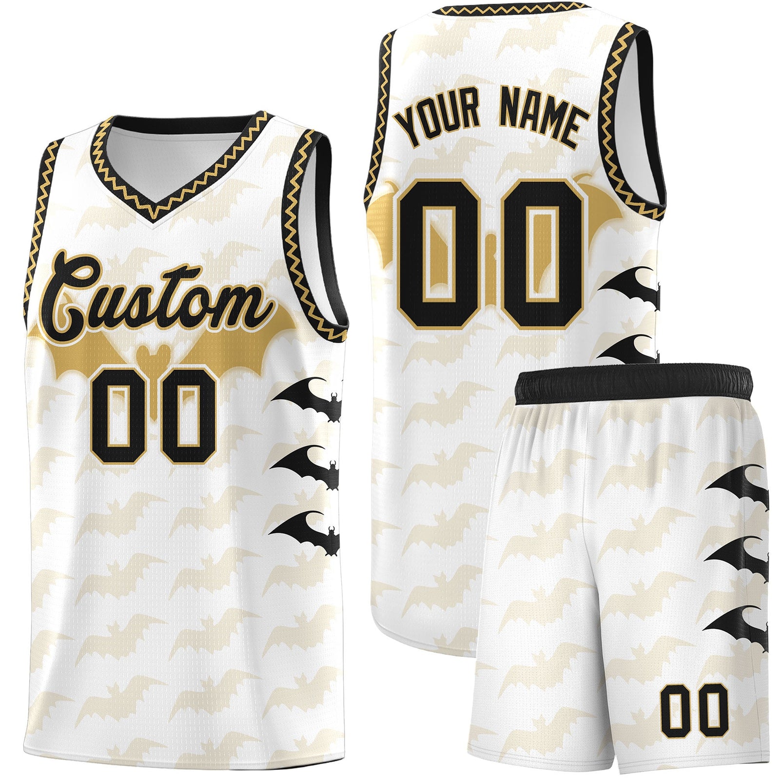 Custom White Old Gold Bat Pattern Halloween Basketball Jersey | For Men,For Kid,For Youth,Sublimation Printed,Perfect for Training,Perfect for Parties,Add Name and Numbern | KXKSHOP