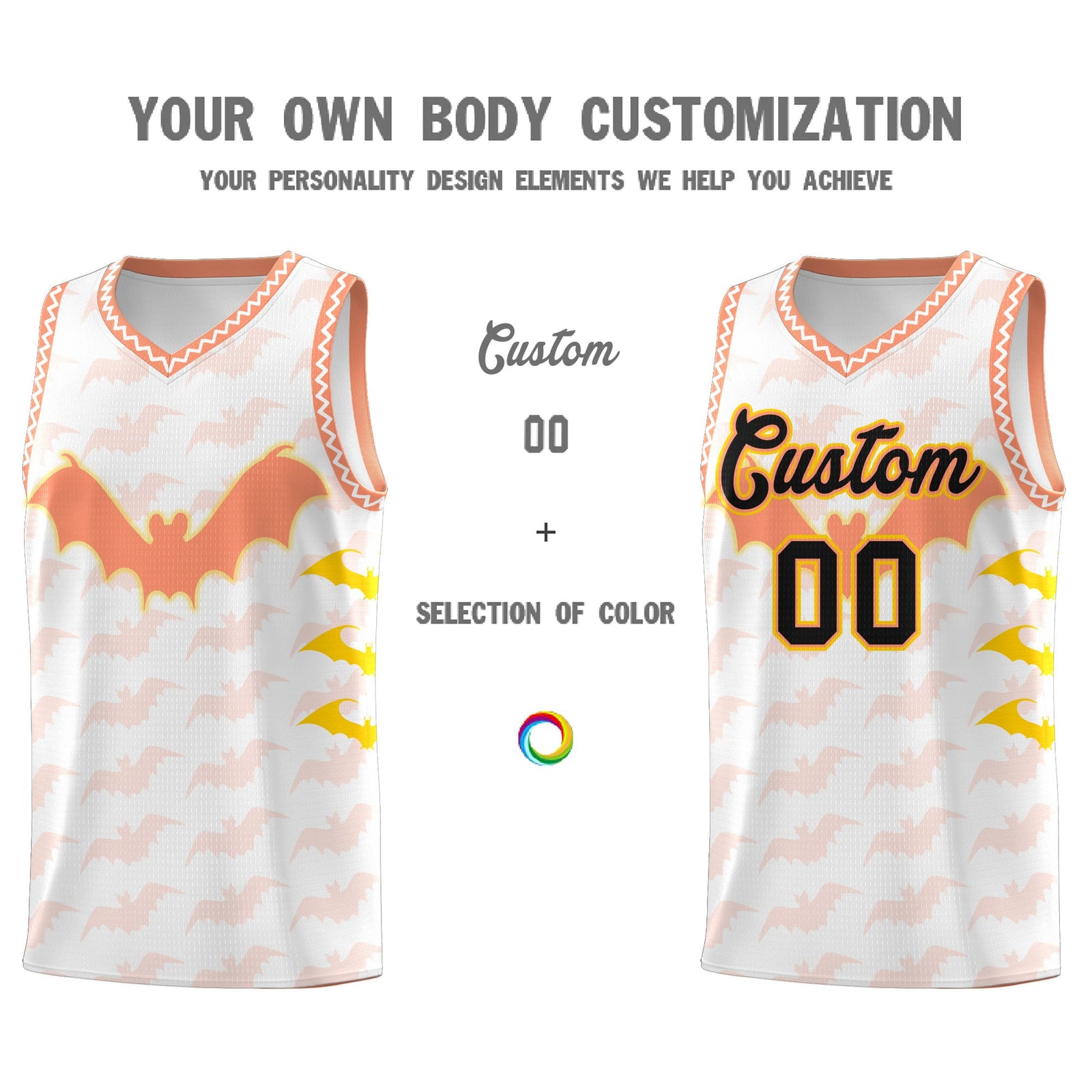 Custom White Gold Light Orange Bat Pattern Halloween Basketball Jersey | For Men,For Kid,For Youth,Sublimation Printed,Perfect for Training,Perfect for Parties,Add Name and Numbern | KXKSHOP