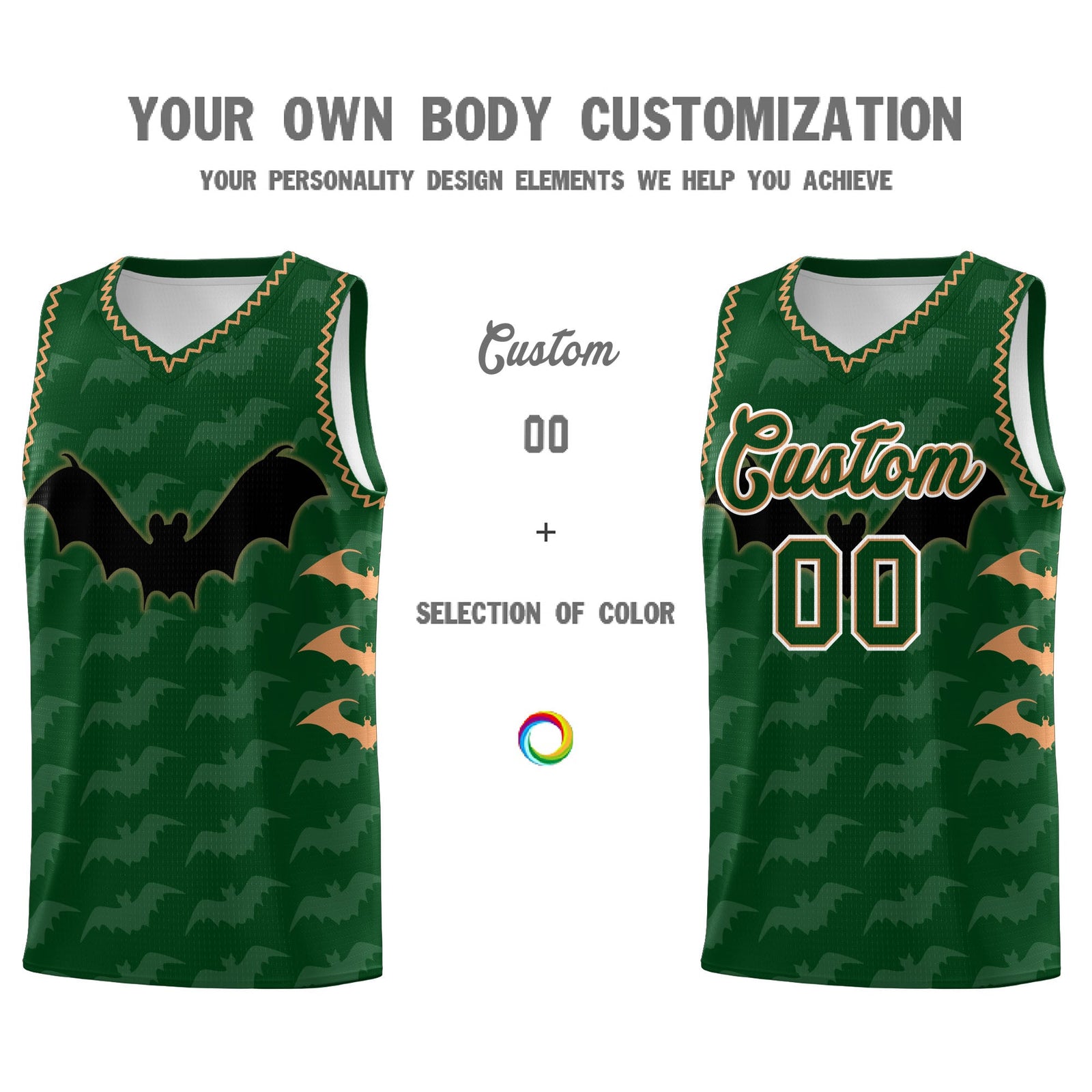 Custom Green Buckskin Brown Bat Pattern Halloween Basketball Jersey | For Men,For Kid,For Youth,Sublimation Printed,Perfect for Training,Perfect for Parties,Add Name and Numbern | KXKSHOP