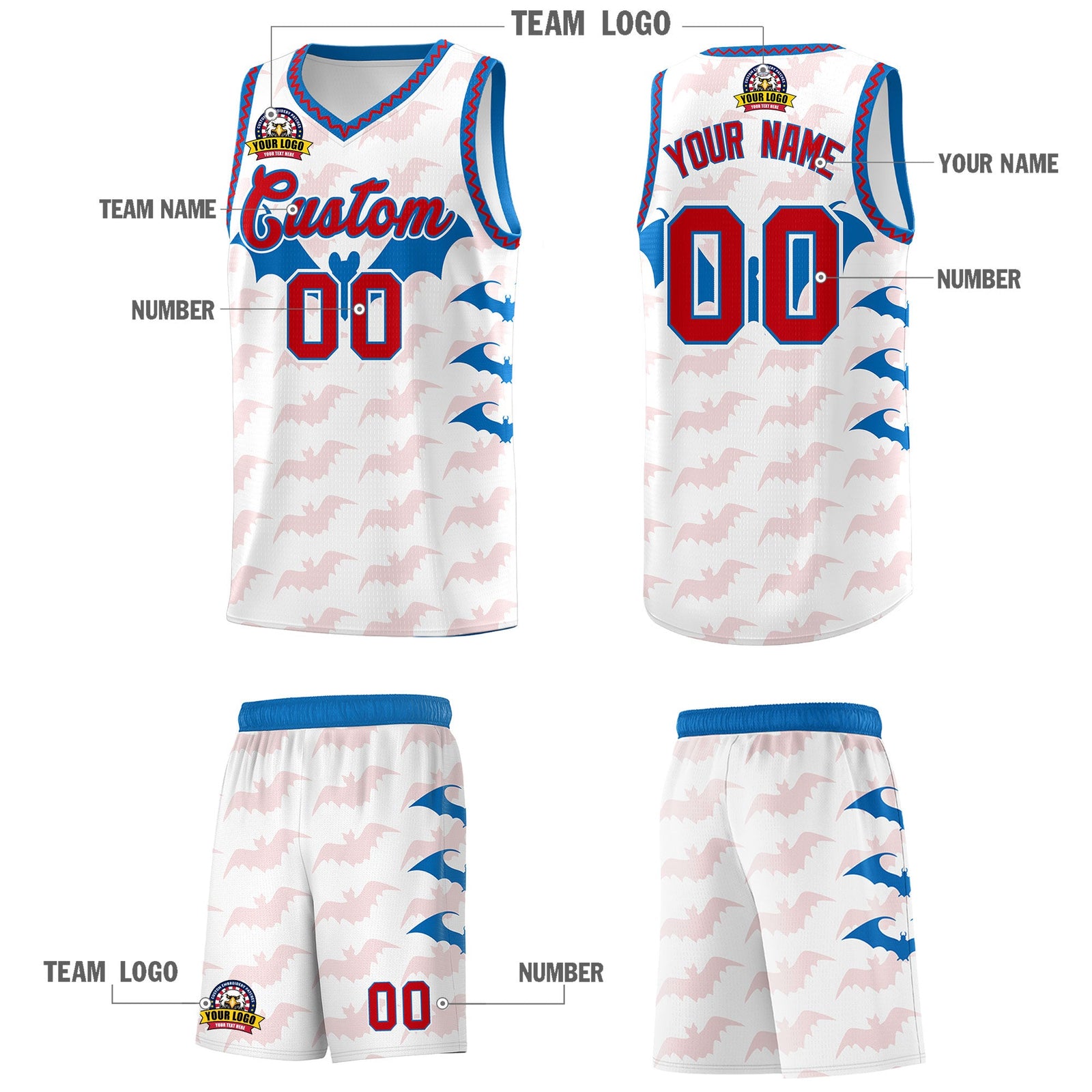 Custom White Red Royal Bat Pattern Halloween Basketball Jersey | For Men,For Kid,For Youth,Sublimation Printed,Perfect for Training,Perfect for Parties,Add Name and Numbern | KXKSHOP