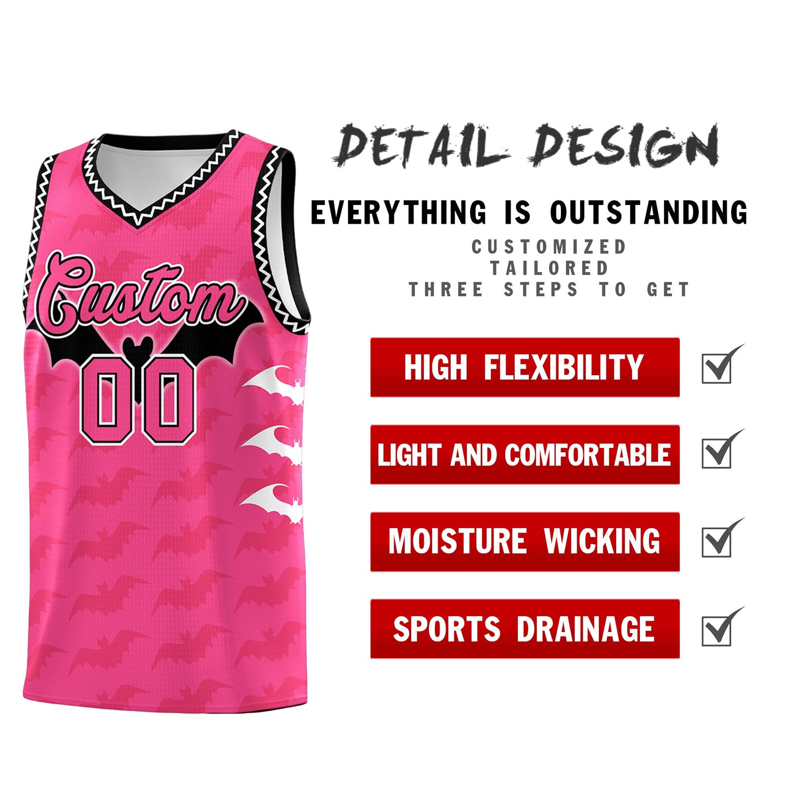 Custom Pink Black White Bat Pattern Halloween Basketball Jersey | For Men,For Kid,For Youth,Sublimation Printed,Perfect for Training,Perfect for Parties,Add Name and Numbern | KXKSHOP