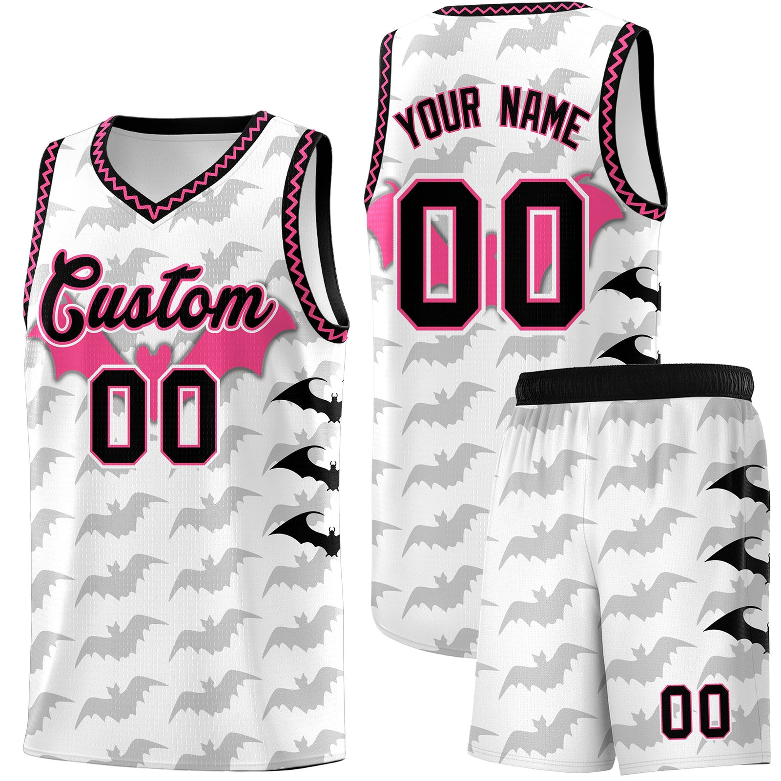 Custom White Black Pink Bat Pattern Halloween Basketball Jersey | For Men,For Kid,For Youth,Sublimation Printed,Perfect for Training,Perfect for Parties,Add Name and Numbern | KXKSHOP