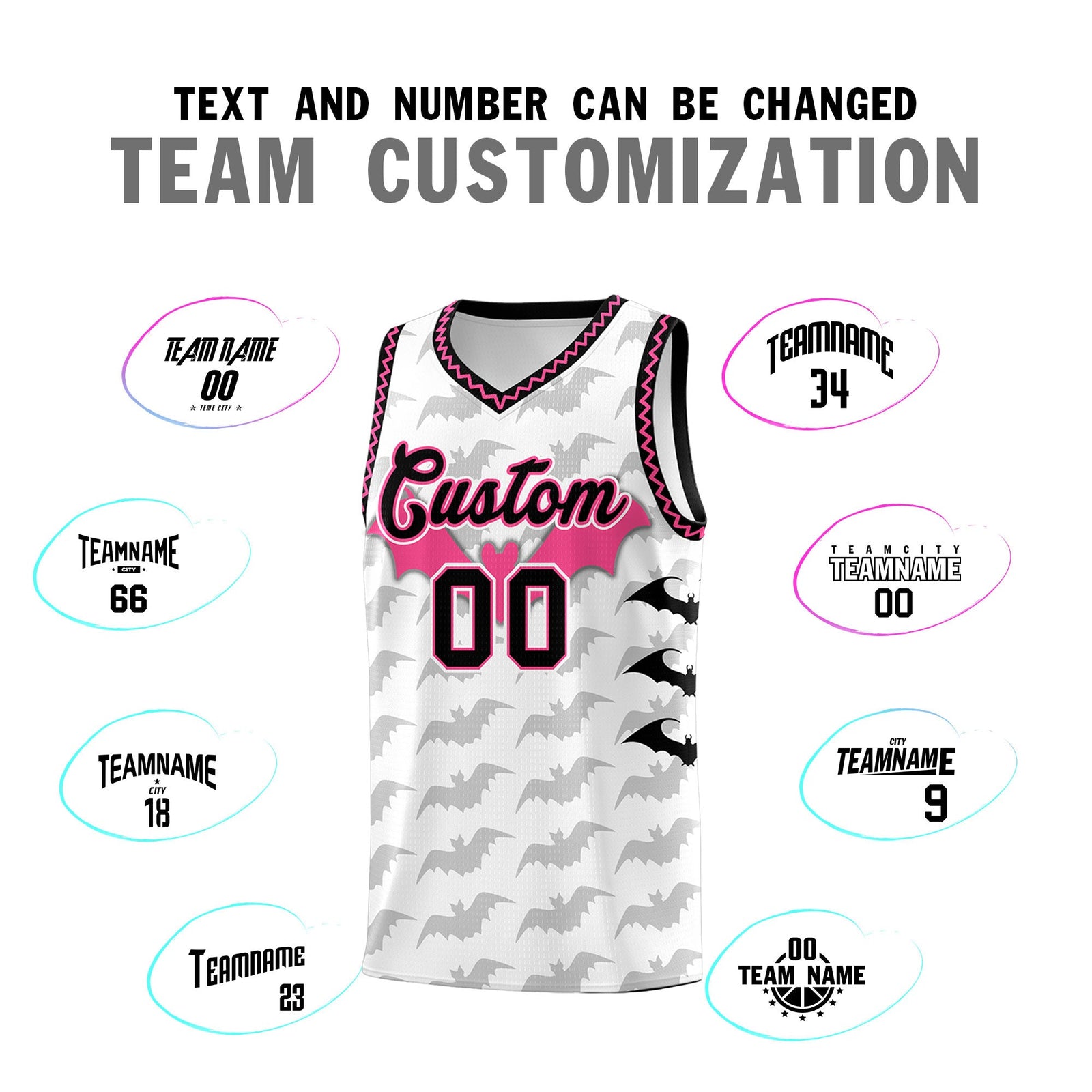 Custom White Black Pink Bat Pattern Halloween Basketball Jersey | For Men,For Kid,For Youth,Sublimation Printed,Perfect for Training,Perfect for Parties,Add Name and Numbern | KXKSHOP