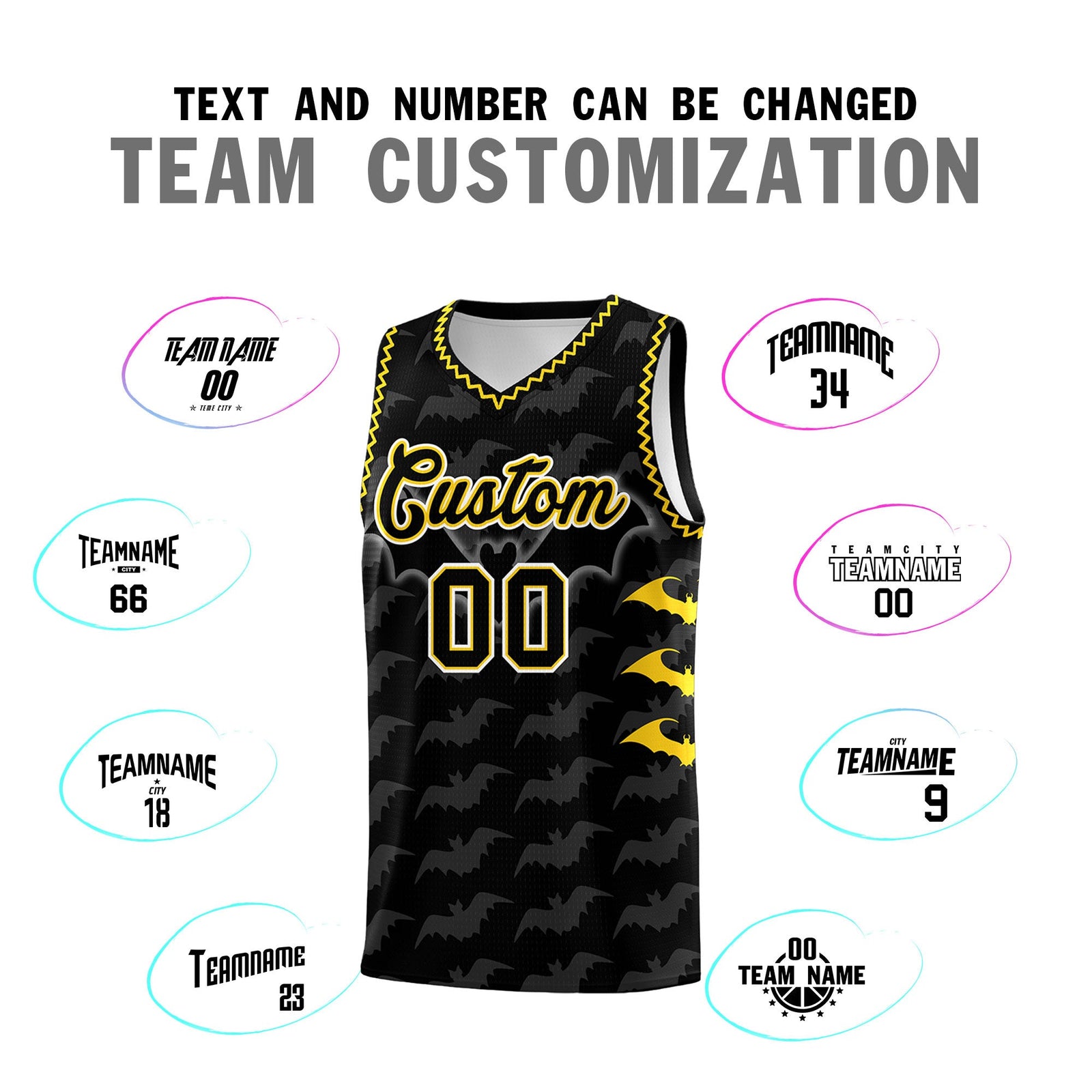 Custom Black Gold Bat Pattern Halloween Basketball Jersey | For Men,For Kid,For Youth,Sublimation Printed,Perfect for Training,Perfect for Parties,Add Name and Numbern | KXKSHOP