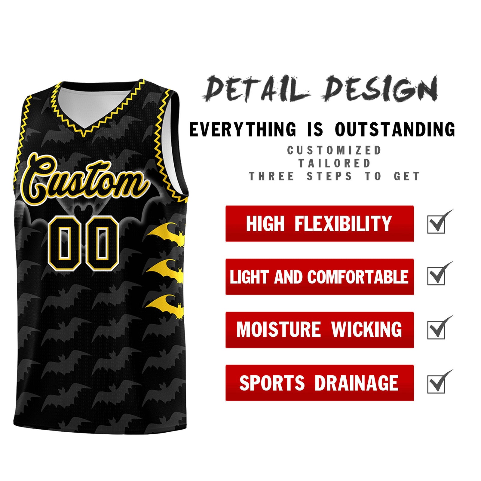Custom Black Gold Bat Pattern Halloween Basketball Jersey | For Men,For Kid,For Youth,Sublimation Printed,Perfect for Training,Perfect for Parties,Add Name and Numbern | KXKSHOP