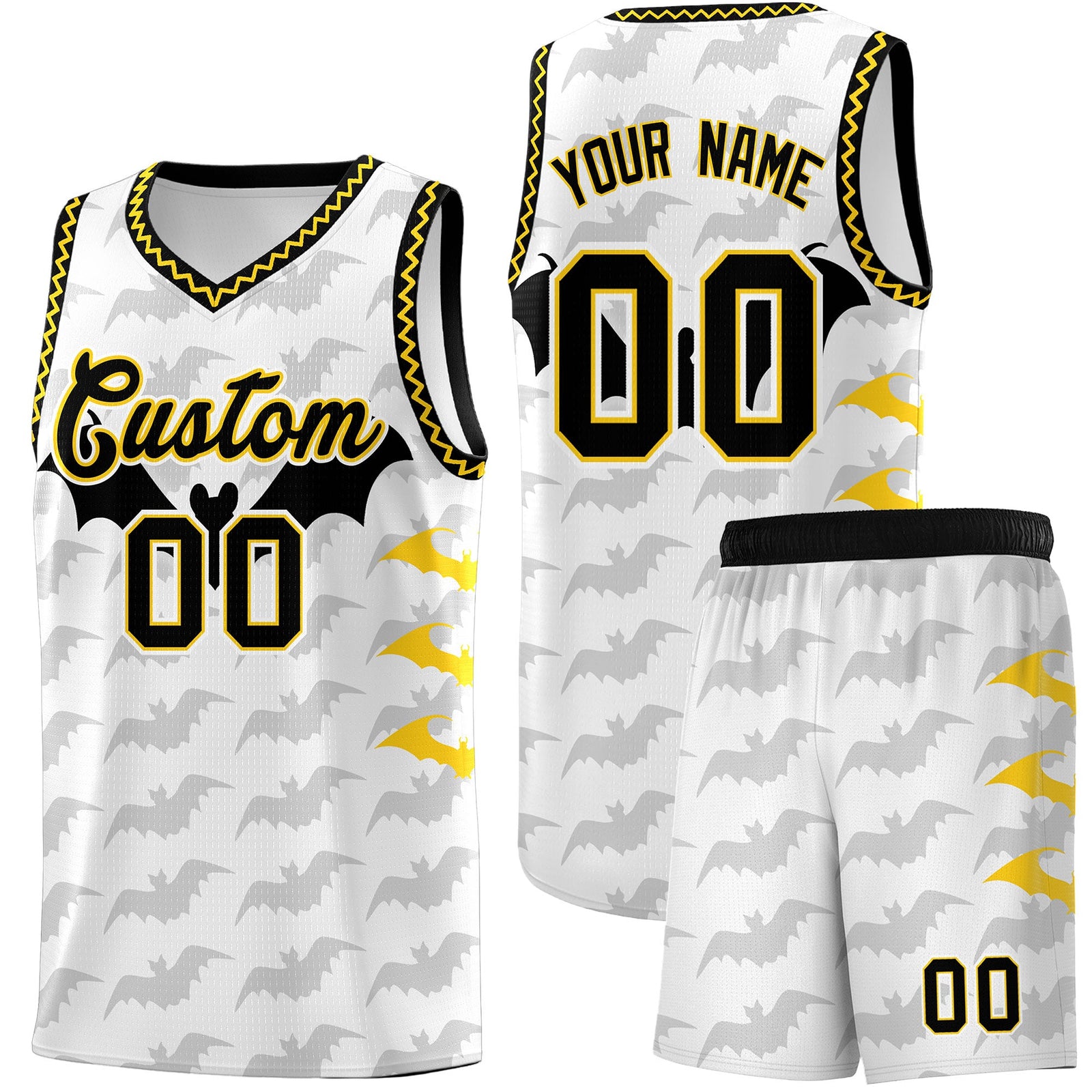 Custom White Gold Black Bat Pattern Halloween Basketball Jersey | For Men,For Kid,For Youth,Sublimation Printed,Perfect for Training,Perfect for Parties,Add Name and Numbern | KXKSHOP