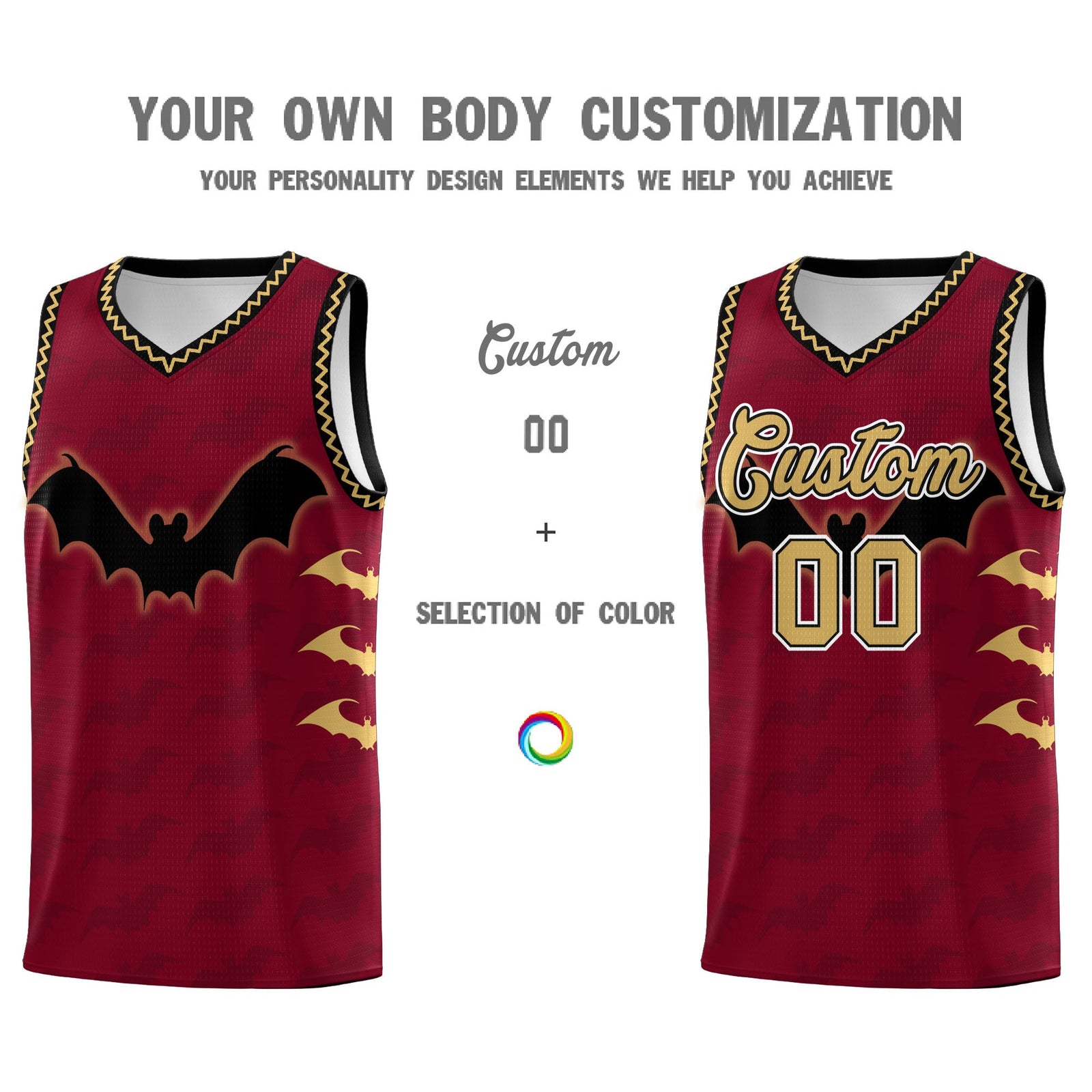 Custom Crimson Old Gold Bat Pattern Halloween Basketball Jersey | For Men,For Kid,For Youth,Sublimation Printed,Perfect for Training,Perfect for Parties,Add Name and Numbern | KXKSHOP