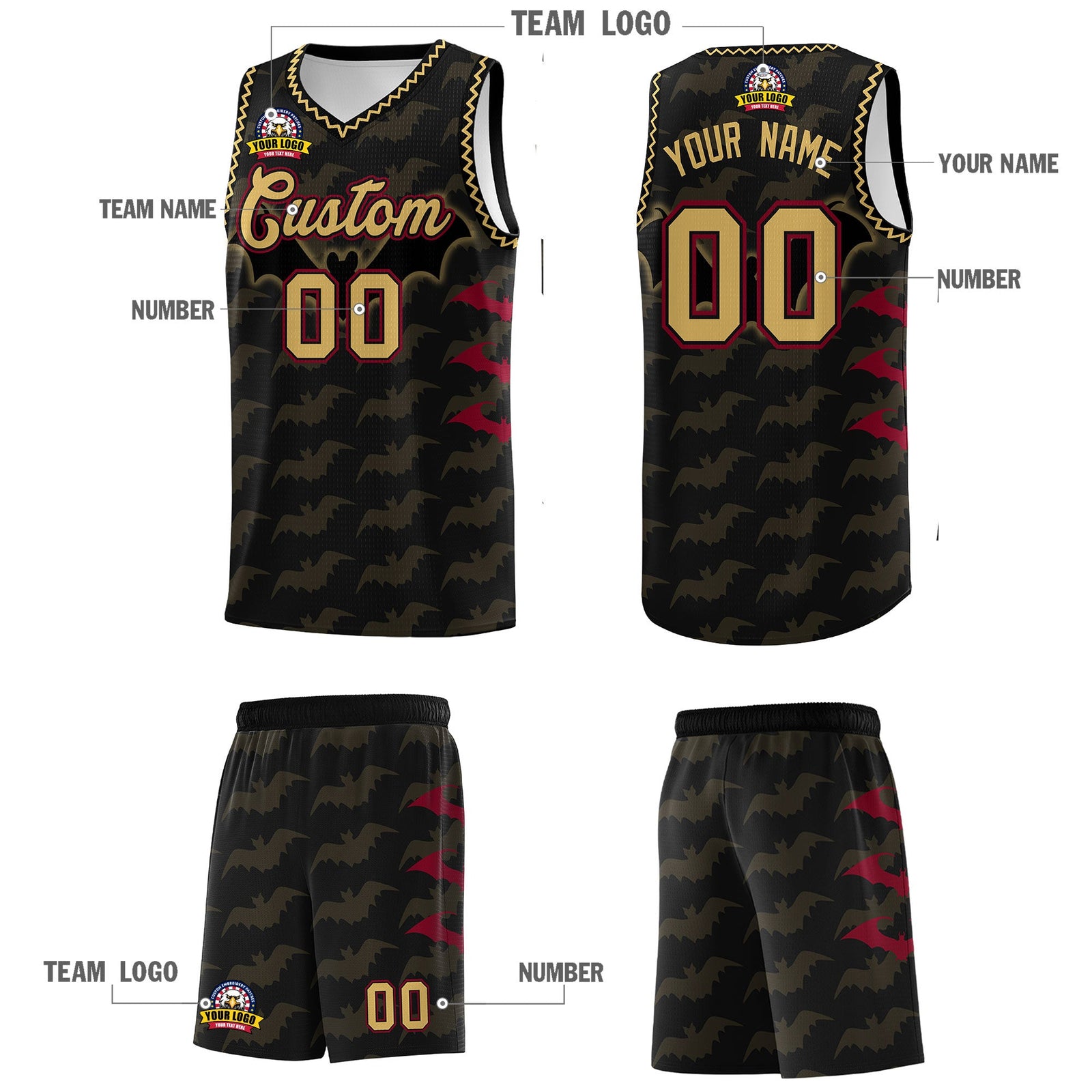 Custom Black Old Gold Crimson Bat Pattern Halloween Basketball Jersey | For Men,For Kid,For Youth,Sublimation Printed,Perfect for Training,Perfect for Parties,Add Name and Numbern | KXKSHOP
