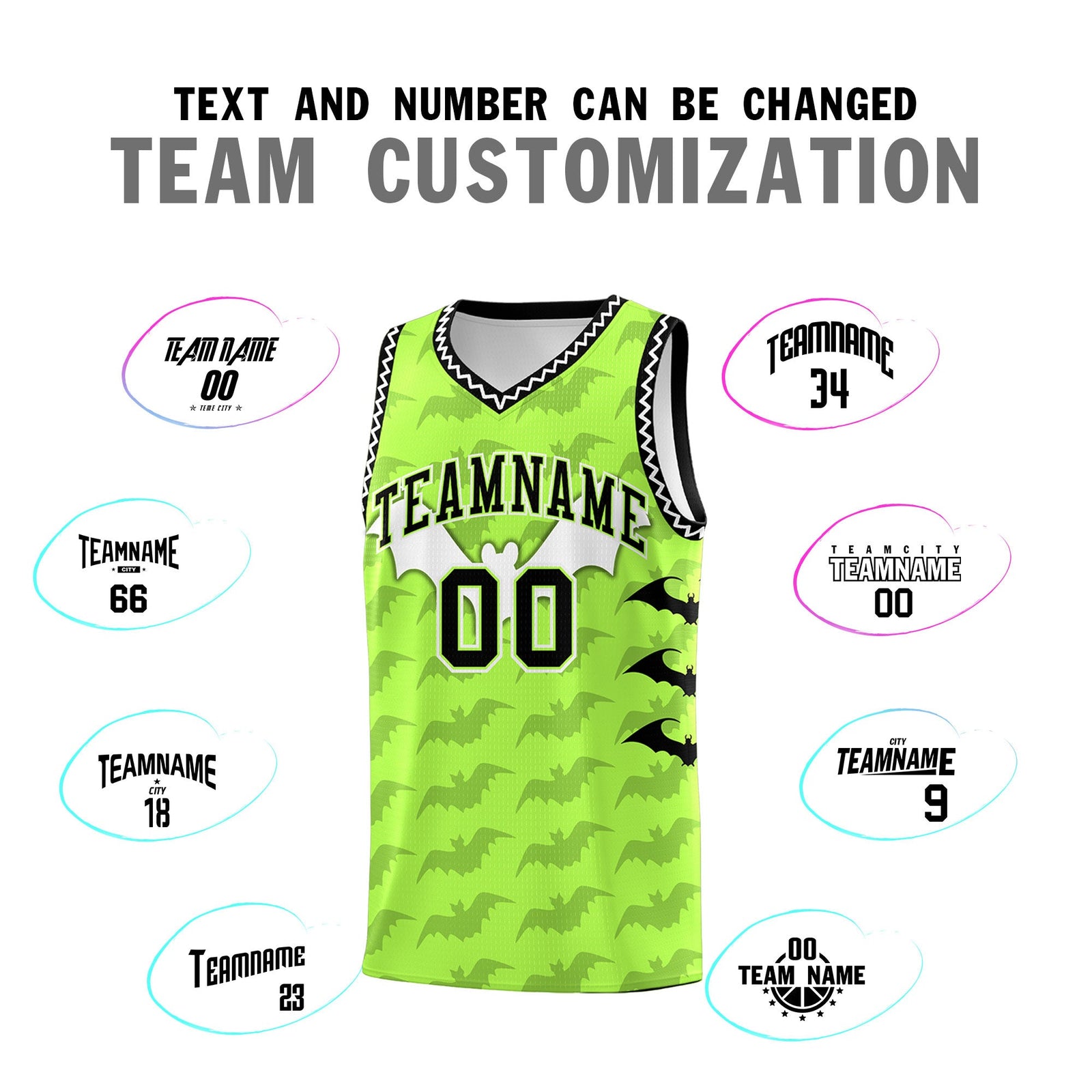 Custom Fluorescent Green White Bat Pattern Halloween Basketball Jersey | For Men,For Kid,For Youth,Sublimation Printed,Perfect for Training,Perfect for Parties,Add Name and Numbern | KXKSHOP
