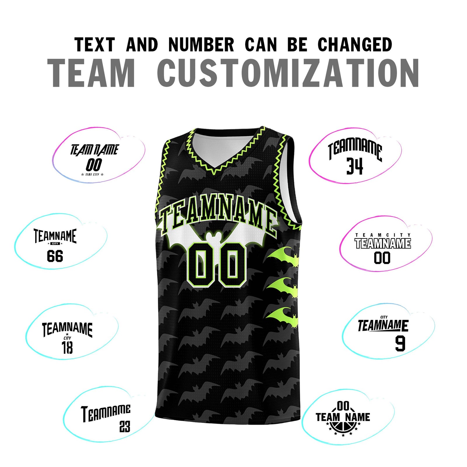 Custom Black Fluorescent Green Bat Pattern Halloween Basketball Jersey | For Men,For Kid,For Youth,Sublimation Printed,Perfect for Training,Perfect for Parties,Add Name and Numbern | KXKSHOP