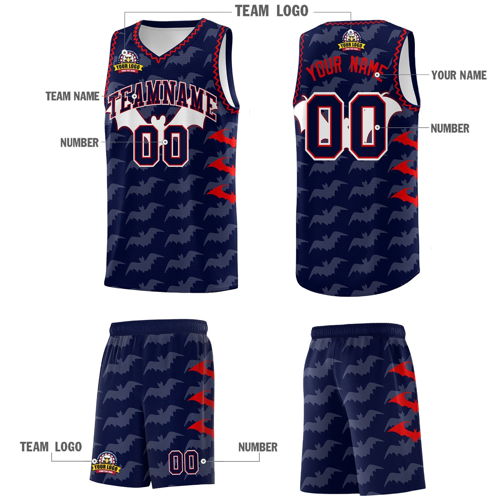 Custom Navy Red Bat Pattern Halloween Basketball Jersey | For Men,For Kid,For Youth,Sublimation Printed,Perfect for Training,Perfect for Parties,Add Name and Numbern | KXKSHOP