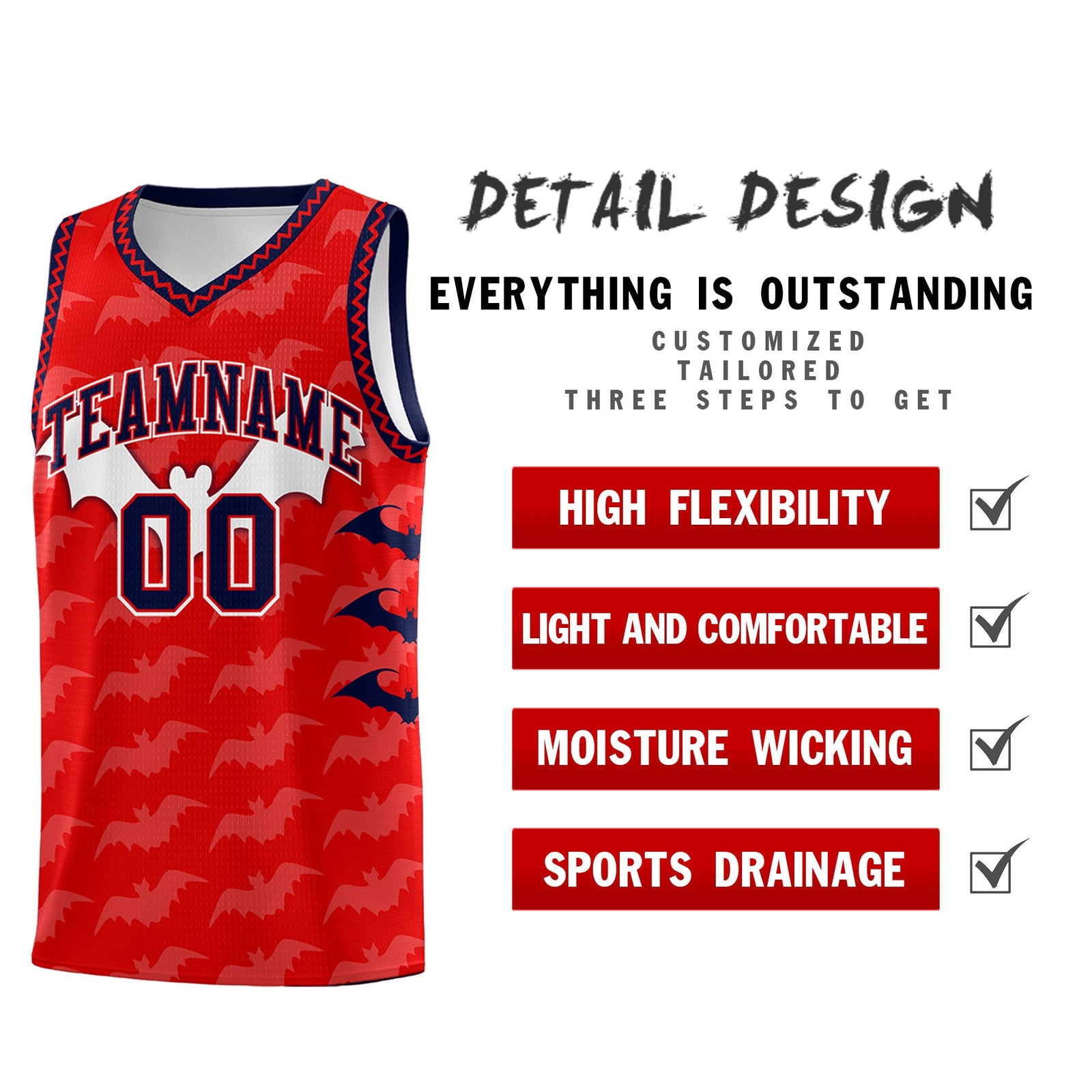Custom Red White Navy Bat Pattern Halloween Basketball Jersey | For Men,For Kid,For Youth,Sublimation Printed,Perfect for Training,Perfect for Parties,Add Name and Numbern | KXKSHOP
