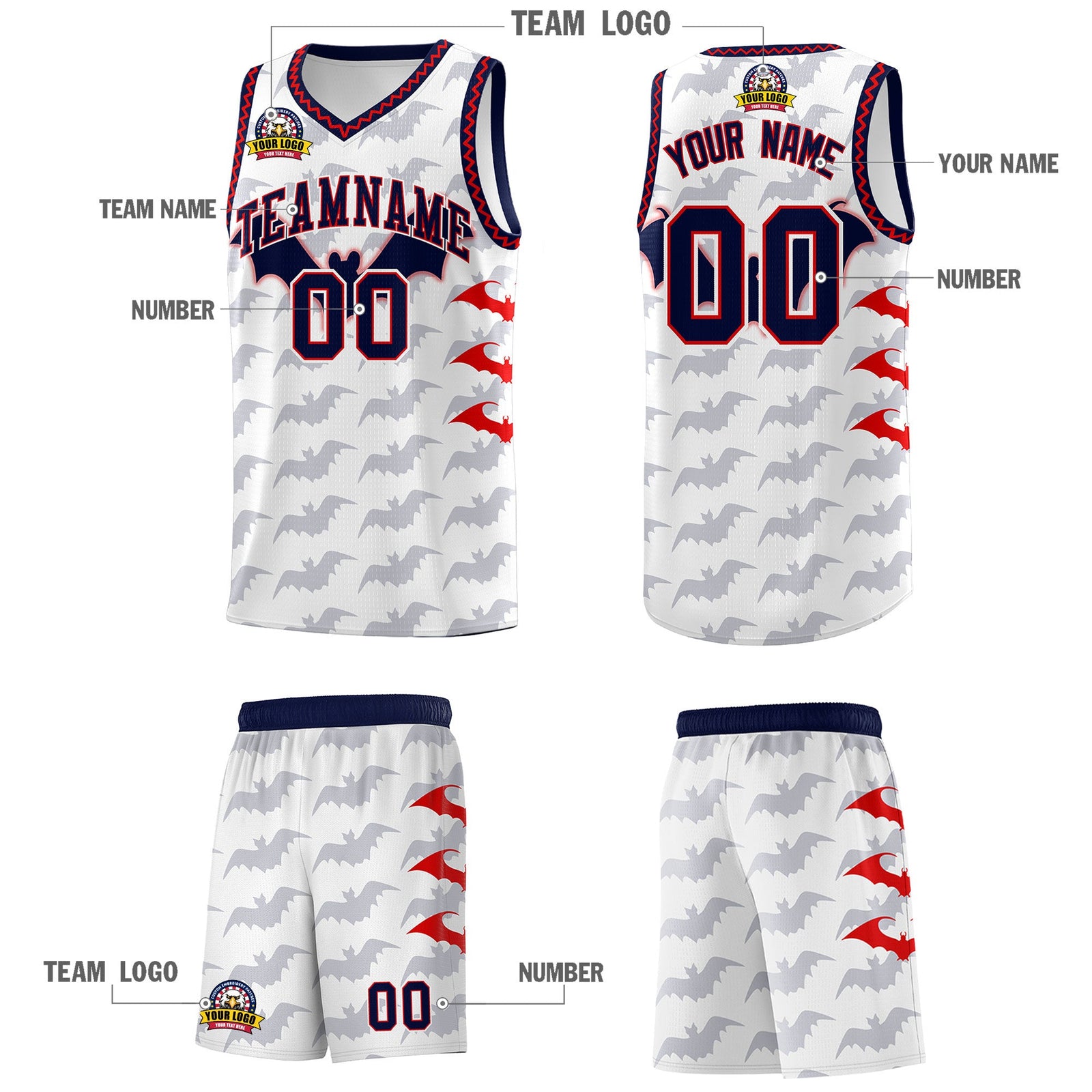 Custom White Red Navy Bat Pattern Halloween Basketball Jersey | For Men,For Kid,For Youth,Sublimation Printed,Perfect for Training,Perfect for Parties,Add Name and Numbern | KXKSHOP